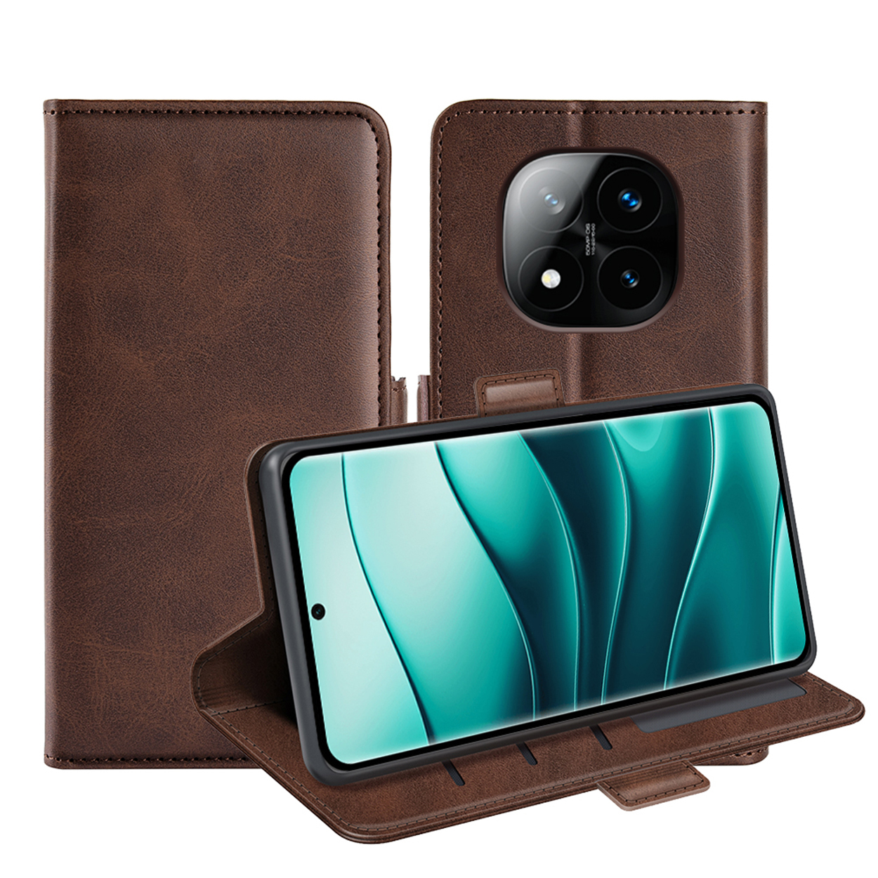 Bruine leren telefoonhoes met telefoon erin. De telefoon heeft een groene golfachtergrond.