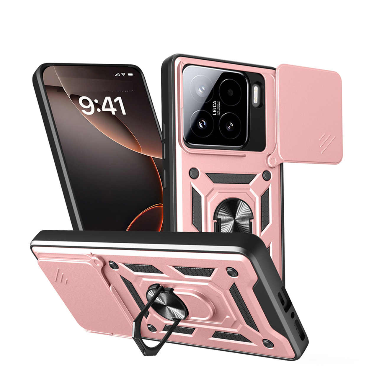 Roze telefoonhoes met een telefoon en een ringhouder, zwarte achtergrond.