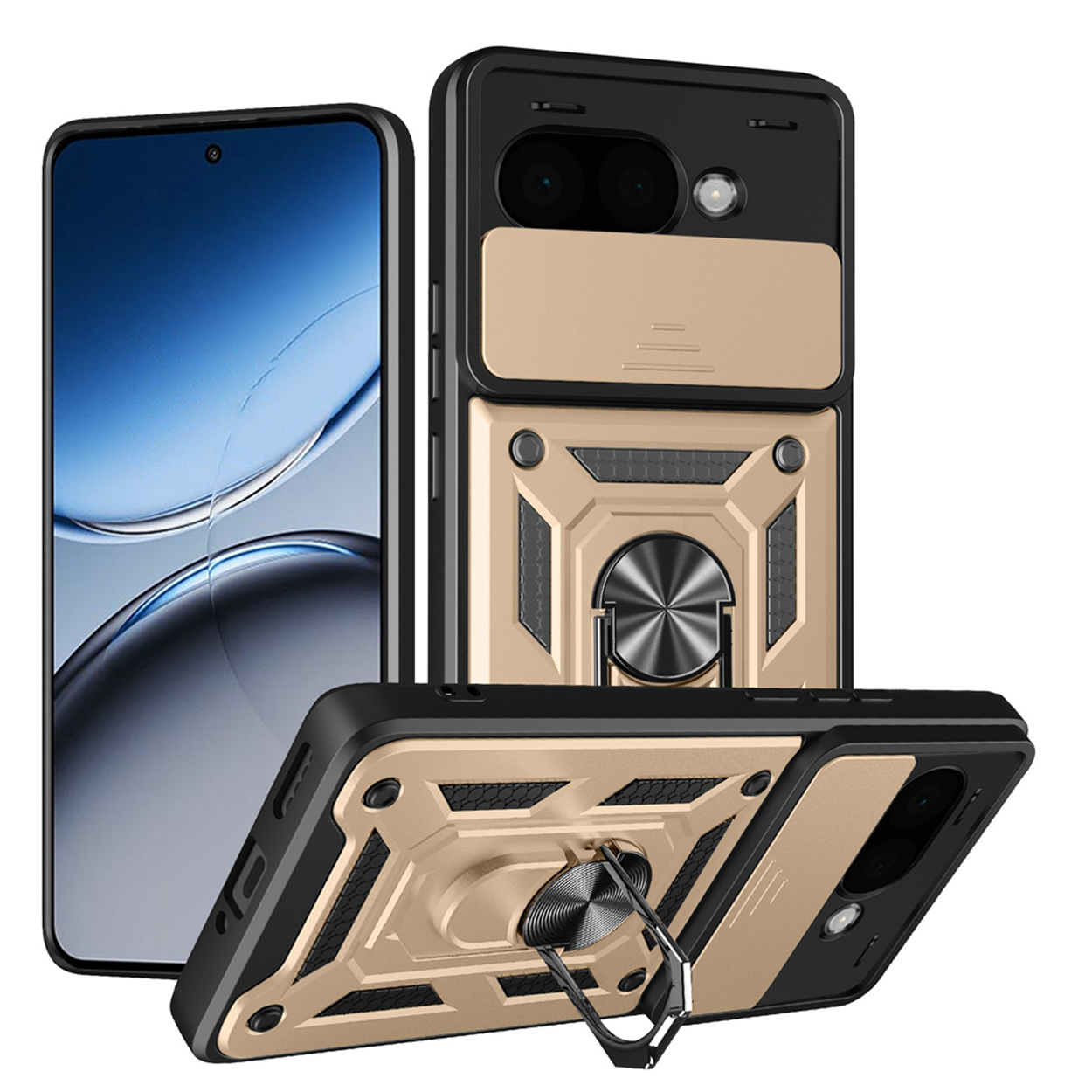 Goud-zwarte telefoonhoes met ringhouder. Drie hoeken worden getoond.
