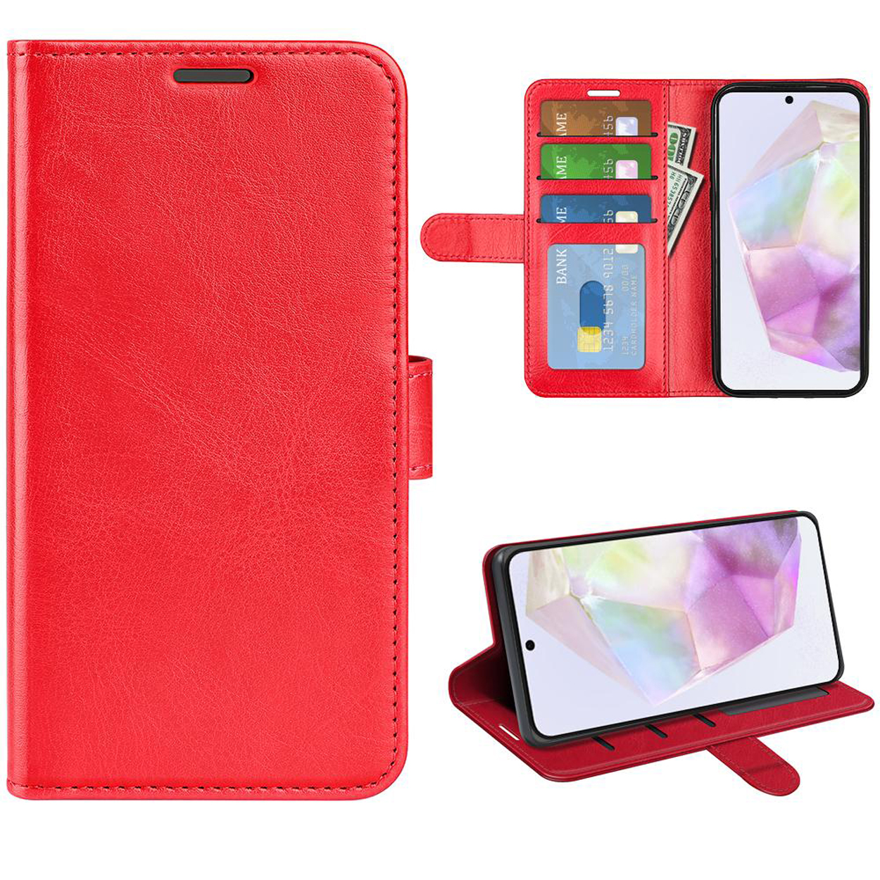 Étui portefeuille rouge ouvert, affichant cartes, argent et téléphone. Un autre étui est ouvert en dessous.