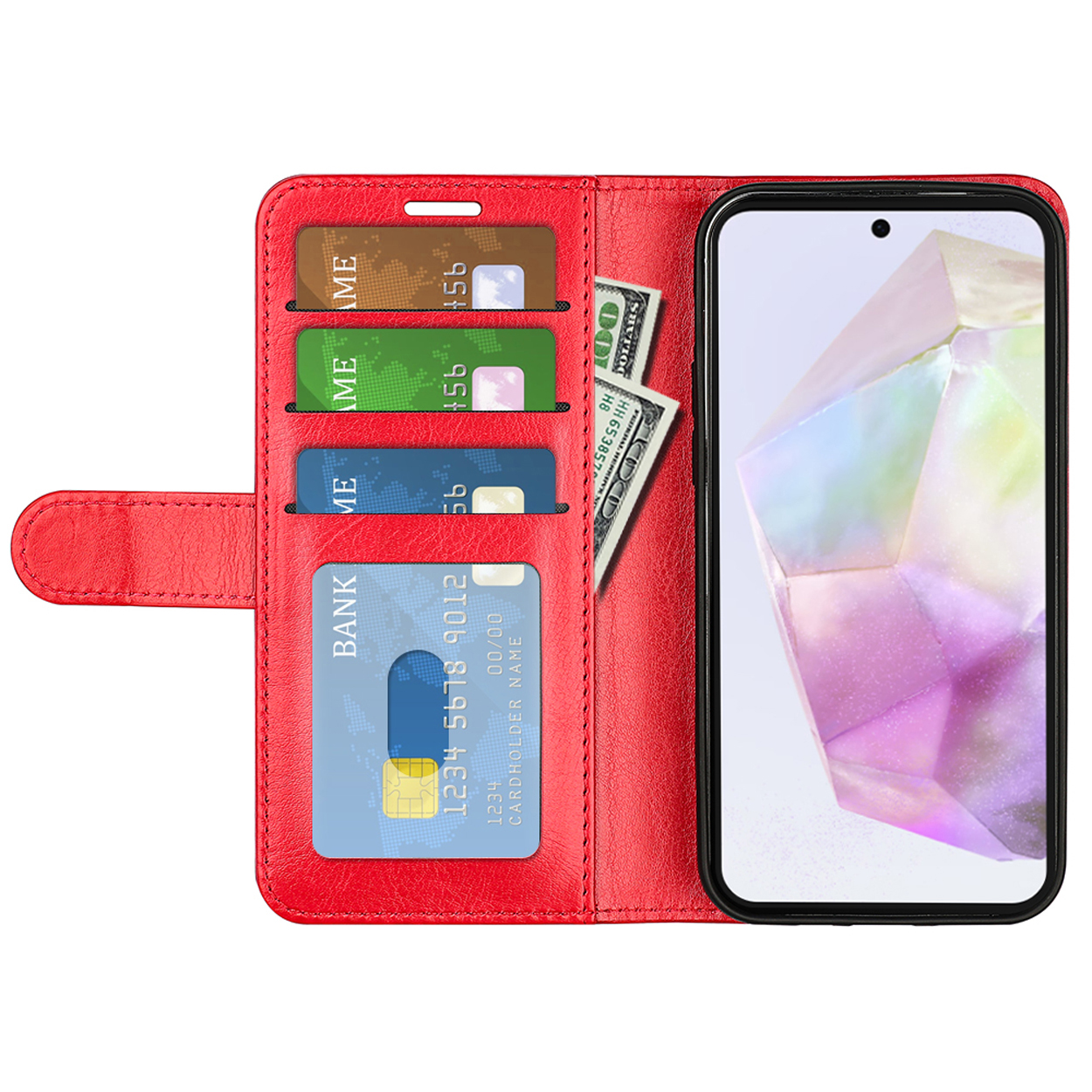 Étui portefeuille rouge ouvert, affichant cartes, argent et téléphone. Le téléphone a un fond violet.
