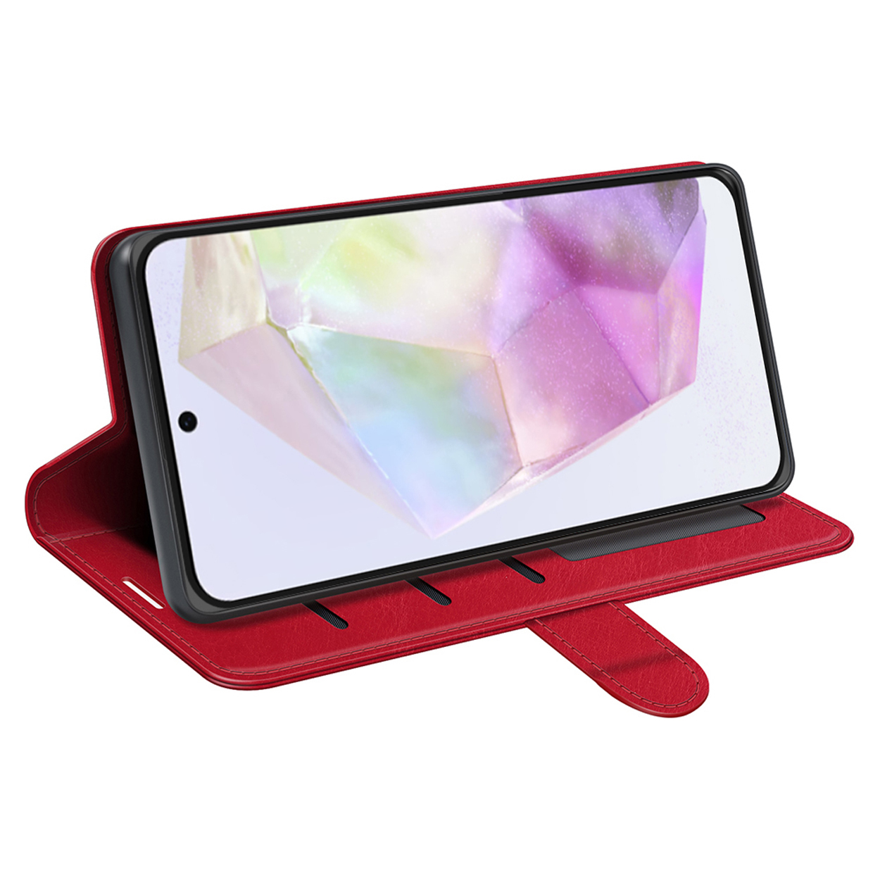 Étui de téléphone rouge ouvert, affichant un téléphone. Le téléphone est incliné et a un fond blanc.