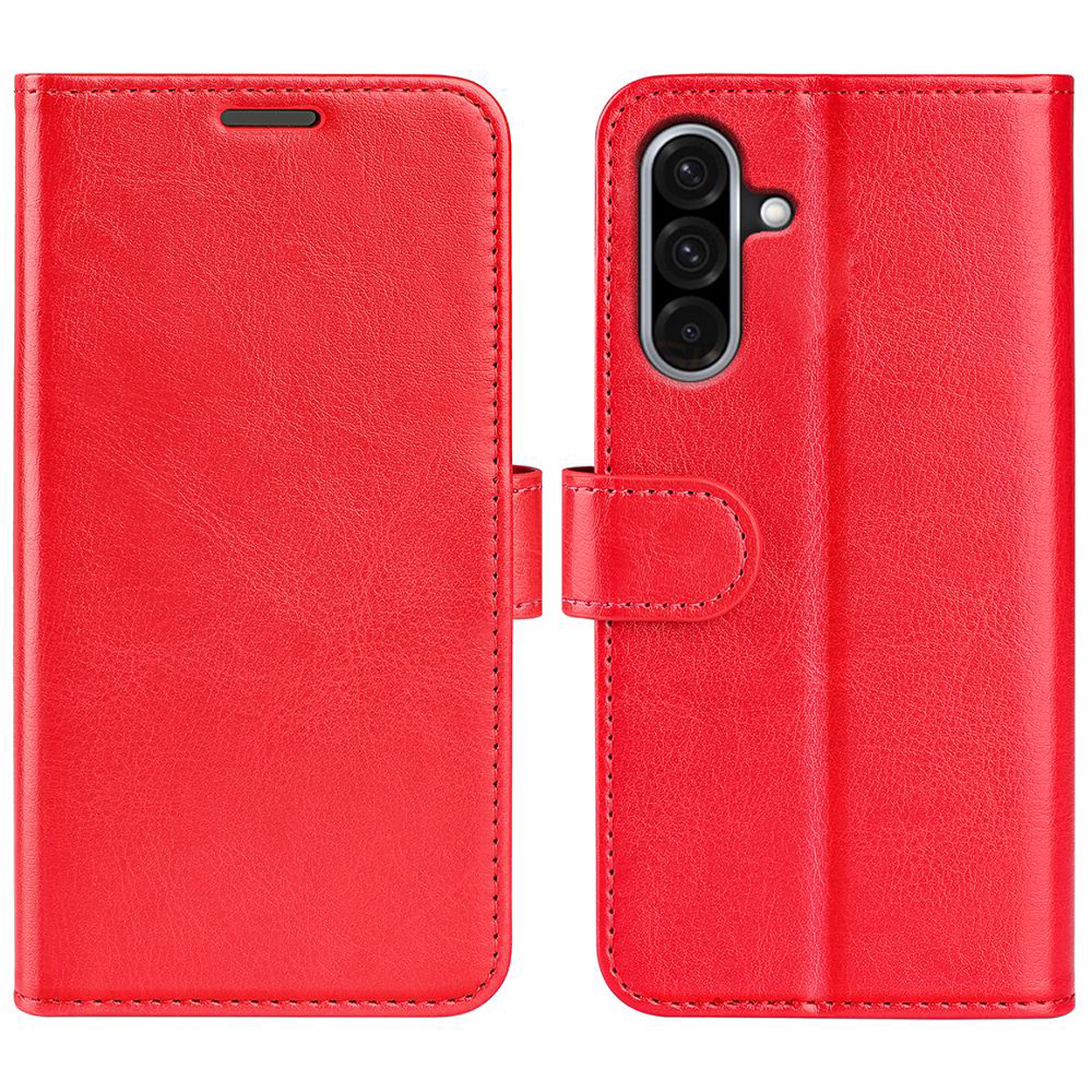 Coque de téléphone rouge ouverte, montrant un téléphone à l'intérieur. Le téléphone a une triple caméra et est centré.