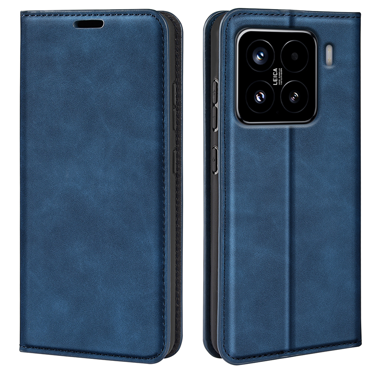 Coque de téléphone bleue ouverte et fermée, montrant un téléphone à l'intérieur. Le téléphone a un cadre noir.