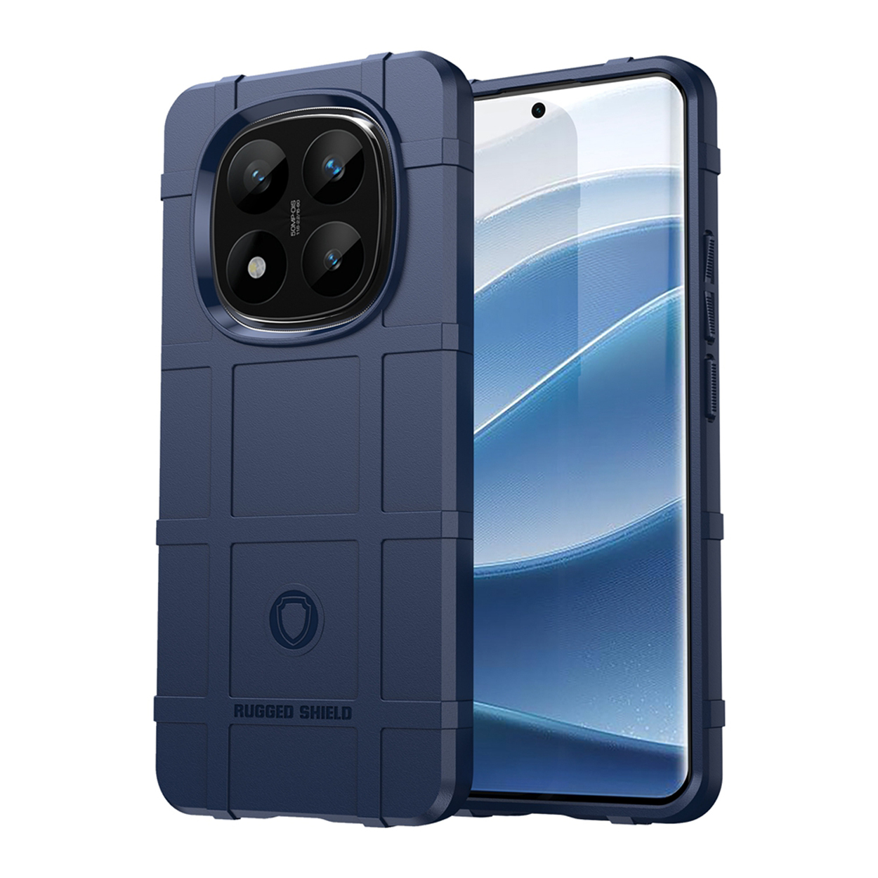Marineblauwe telefoonhoes met een robuust schildontwerp. Het is schuin, met een telefoon erin.