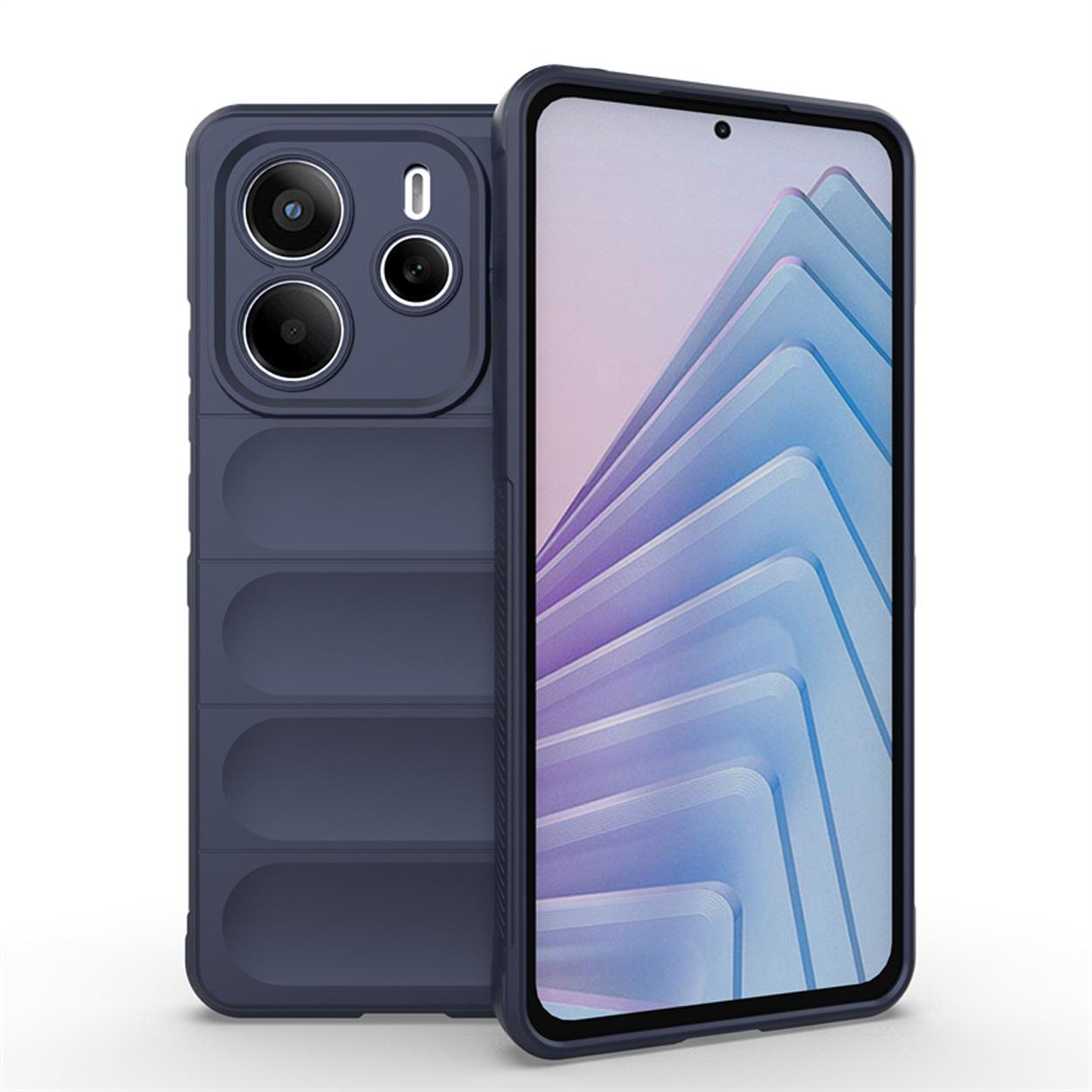 Deux coques de téléphone bleu marine, une avec téléphone. L'étui a des arêtes et un fond bleu clair.