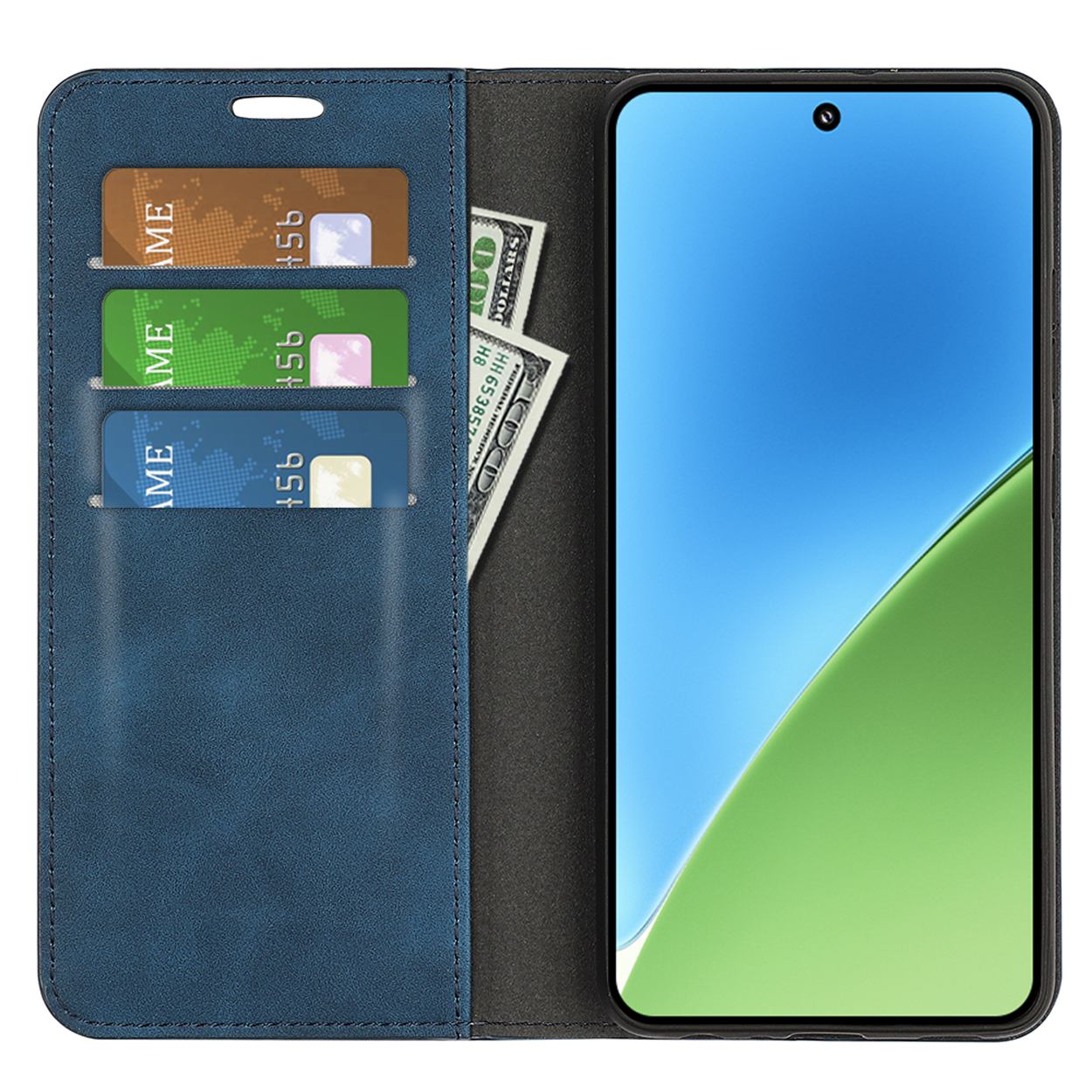 Étui portefeuille bleu ouvert, affichant cartes, argent et téléphone. Le téléphone a un fond vert.
