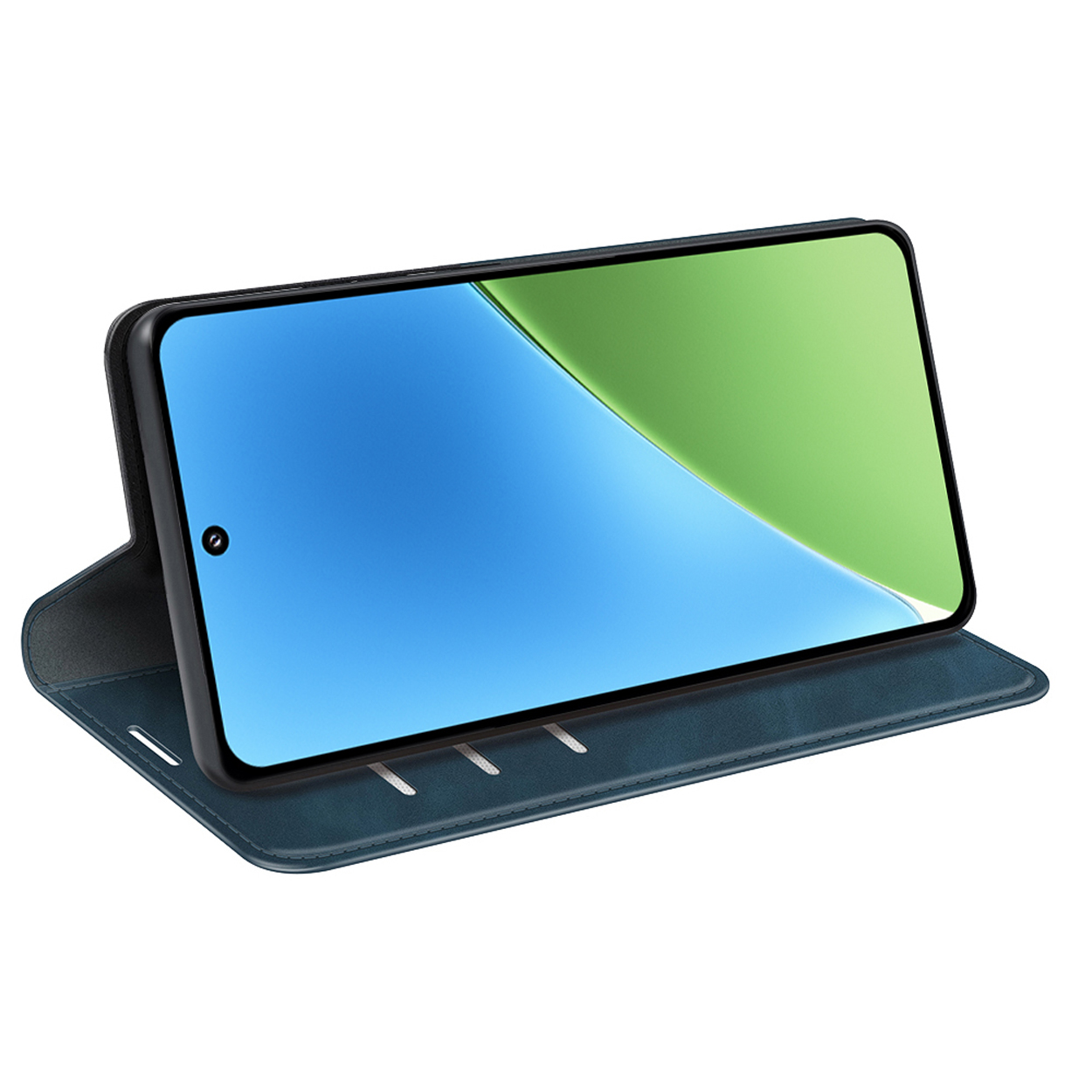 L'étui du téléphone est ouvert. Le téléphone affiche une image bleue et verte.
