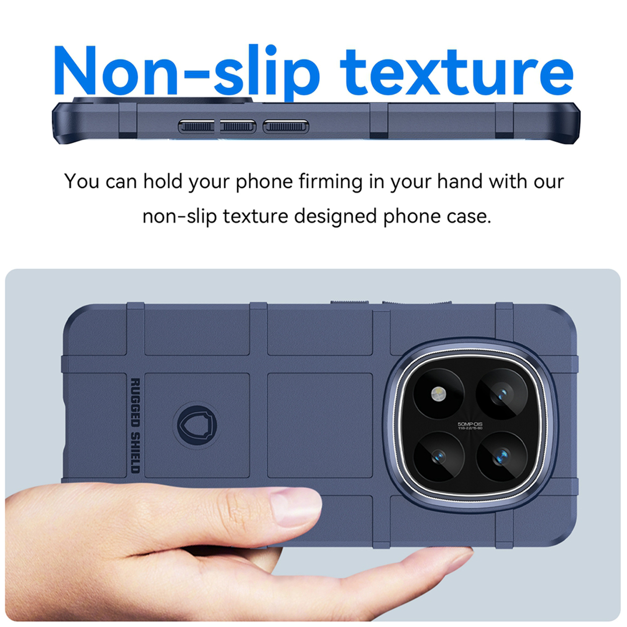 Een hand houdt een telefoon met een blauwe hoes vast. De hoes heeft een antisliptextuur.