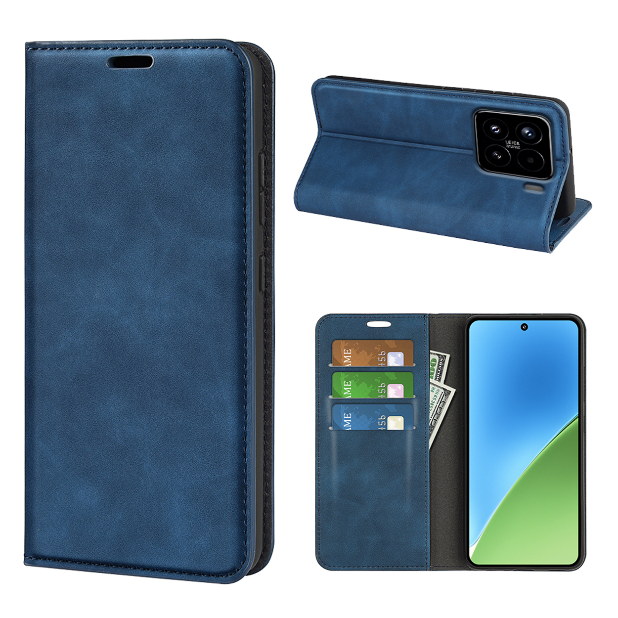 Étui de téléphone bleu ouvert avec téléphone, cartes et argent.