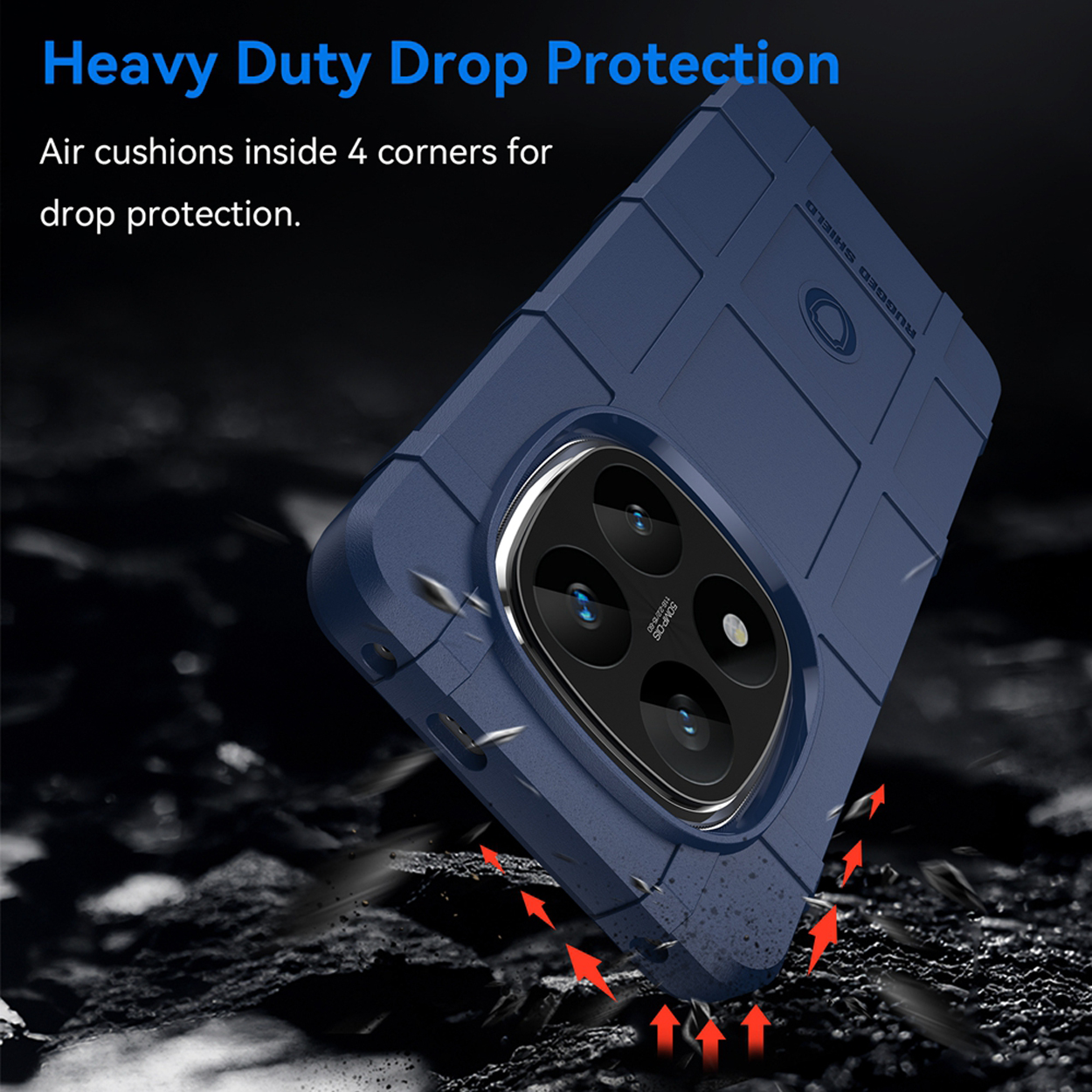 Tekst: Heavy Duty Drop Protection, een blauwe telefoonhoes en vallende deeltjes. De hoes is blauw.