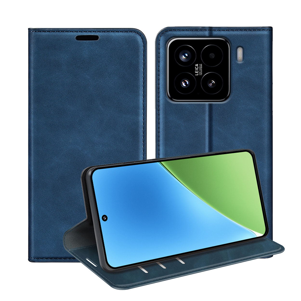Coque de téléphone bleue ouverte, montrant un téléphone à l'intérieur. Le téléphone a un fond vert et bleu.