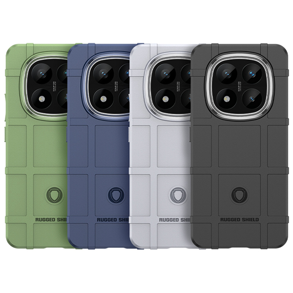 Vier robuuste schildtelefoonhoesjes in verschillende kleuren: groen, blauw, wit en zwart. Allemaal vergelijkbaar.