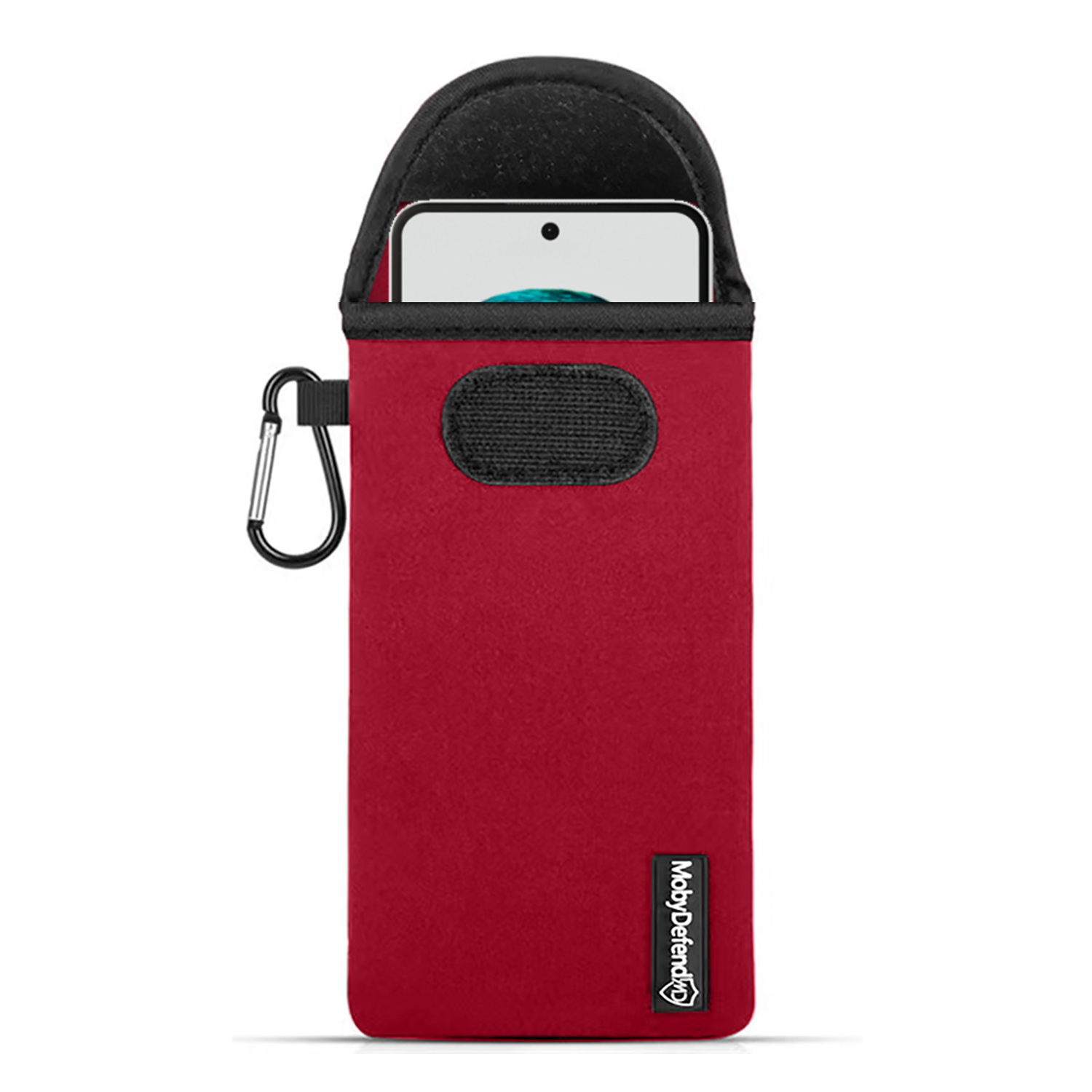 Housse de téléphone rouge avec téléphone à l'intérieur, mousqueton sur le côté.
