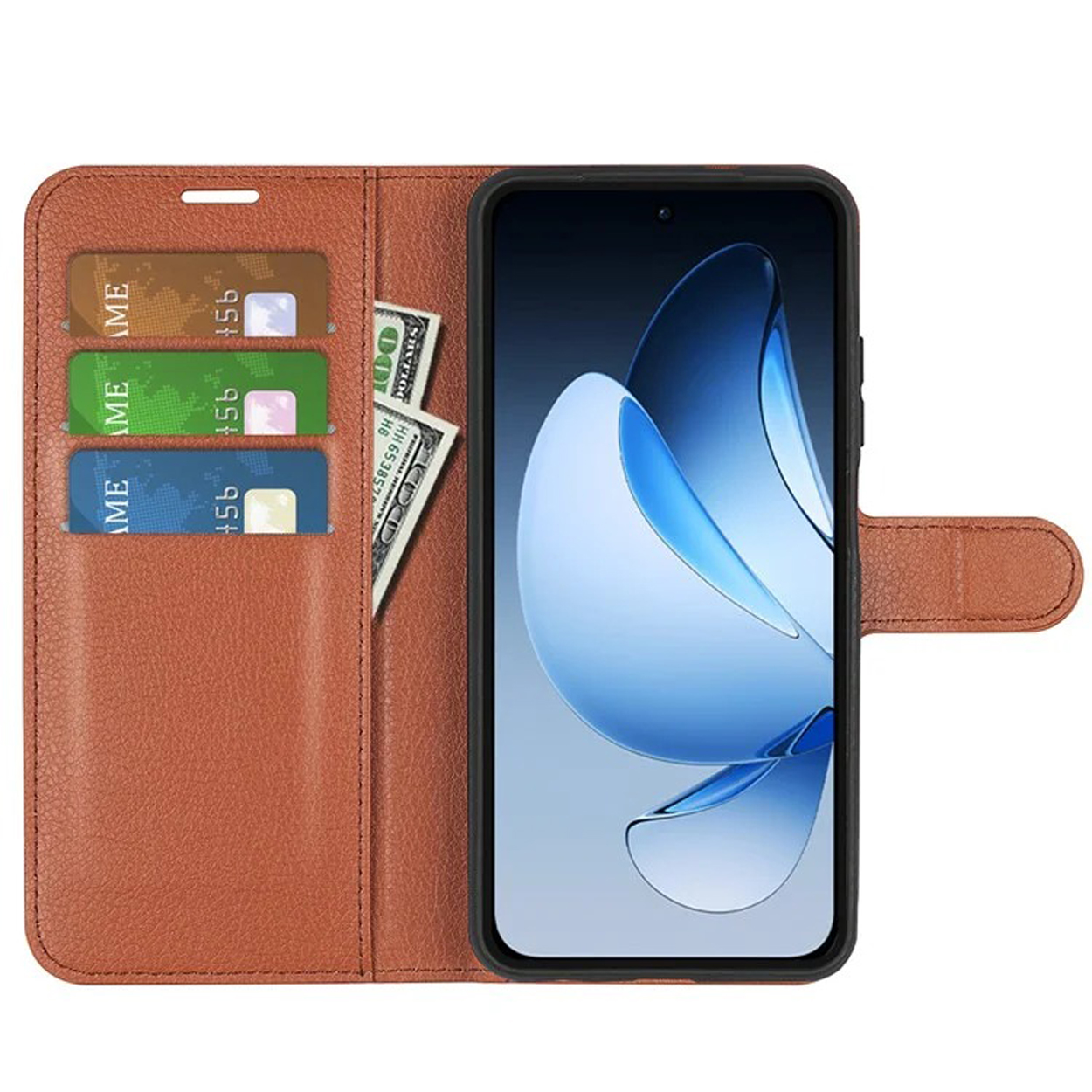Bruine telefoonhoes open met telefoon, kaarten en geld.