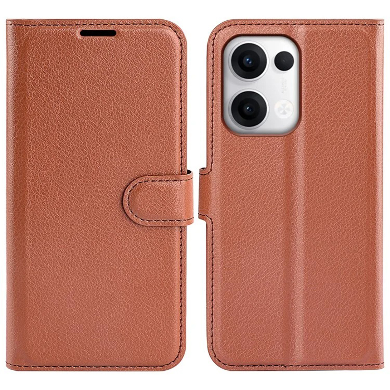 Étui de téléphone en cuir marron, fermé et ouvert, montrant le téléphone.