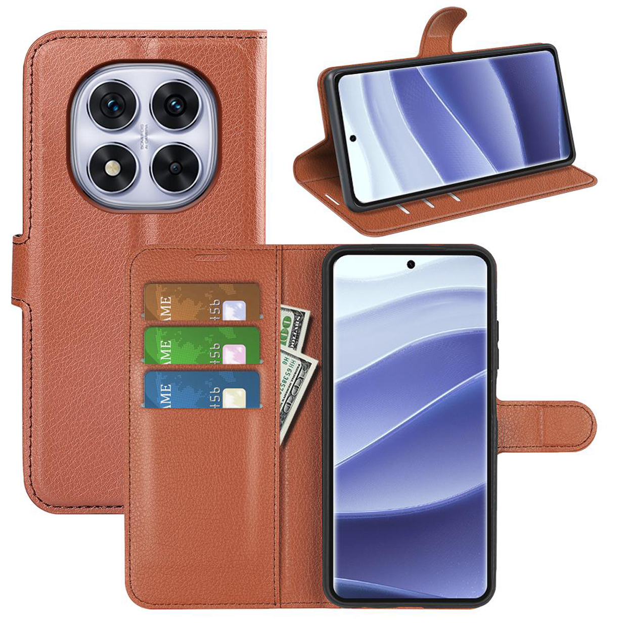 Bruine leren telefoonhoes open, met telefoon, kaarten en contant geld.