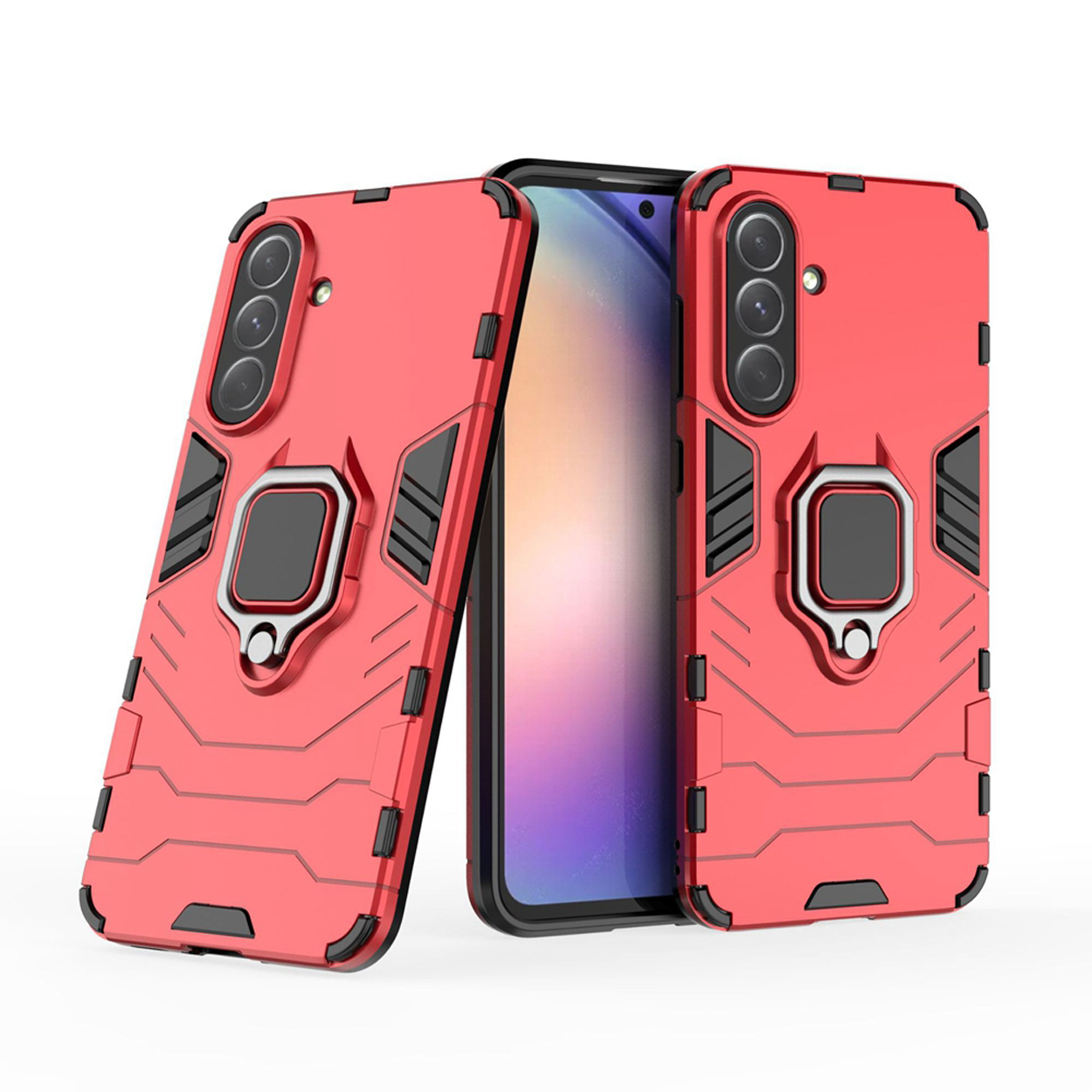 Rode telefoonhoesjes worden weergegeven. De hoesjes hebben een ringhouder en camerabescherming.