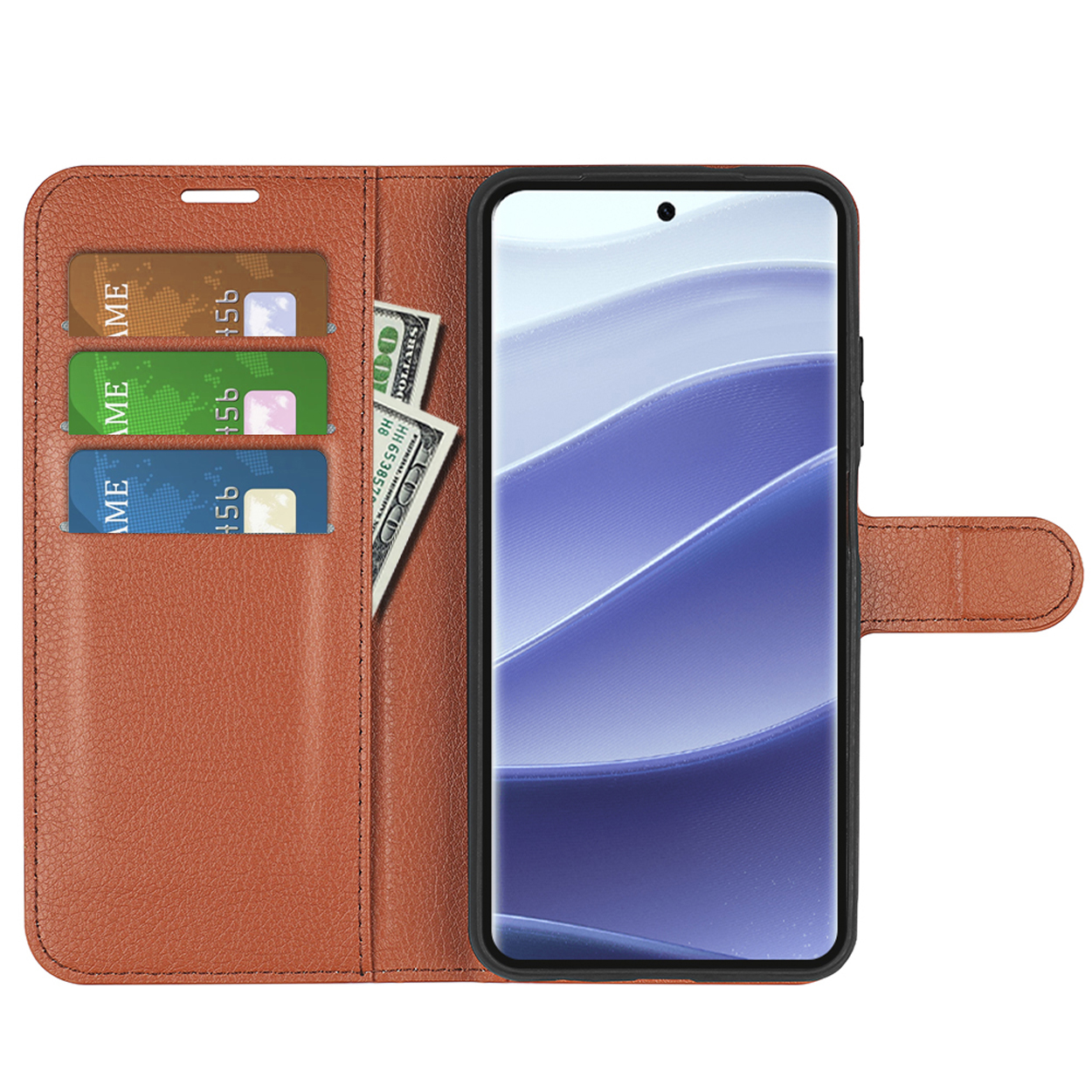 Bruine telefoonhoes open met telefoon, kaarten en geld.