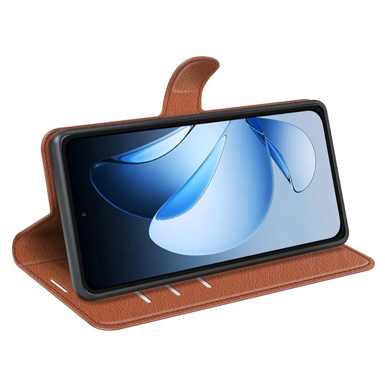 Étui de téléphone en cuir marron ouvert, affichant le téléphone avec écran bleu.