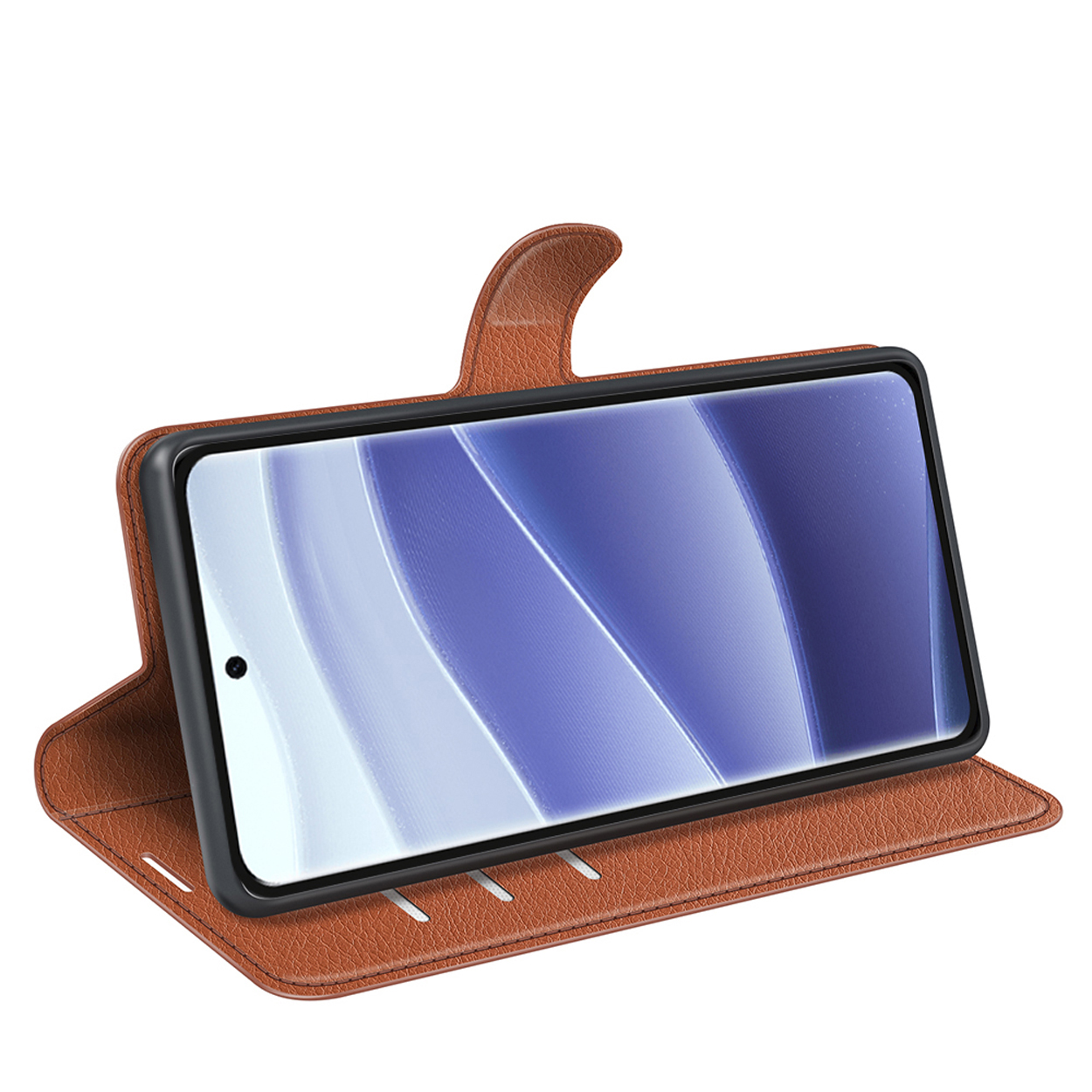 Bruine leren telefoonhoes open, met de telefoon met een scherm.