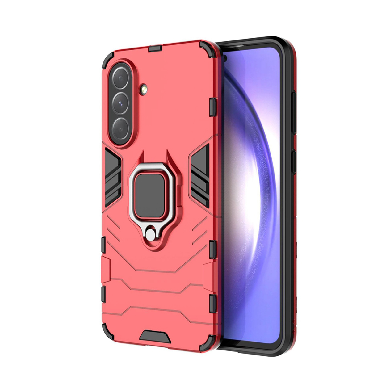 Rode telefoonhoes met zwarte details, ringhouder en telefoon op een wit oppervlak.