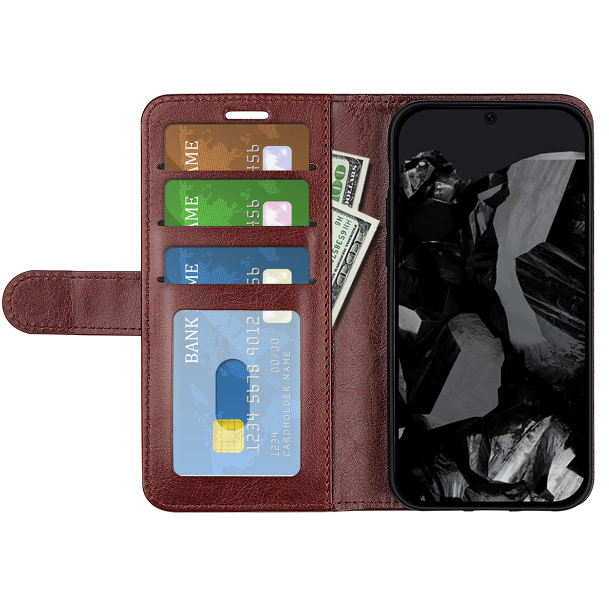 Bruine leren telefoonhoes open, met telefoon, kaarten en contant geld.