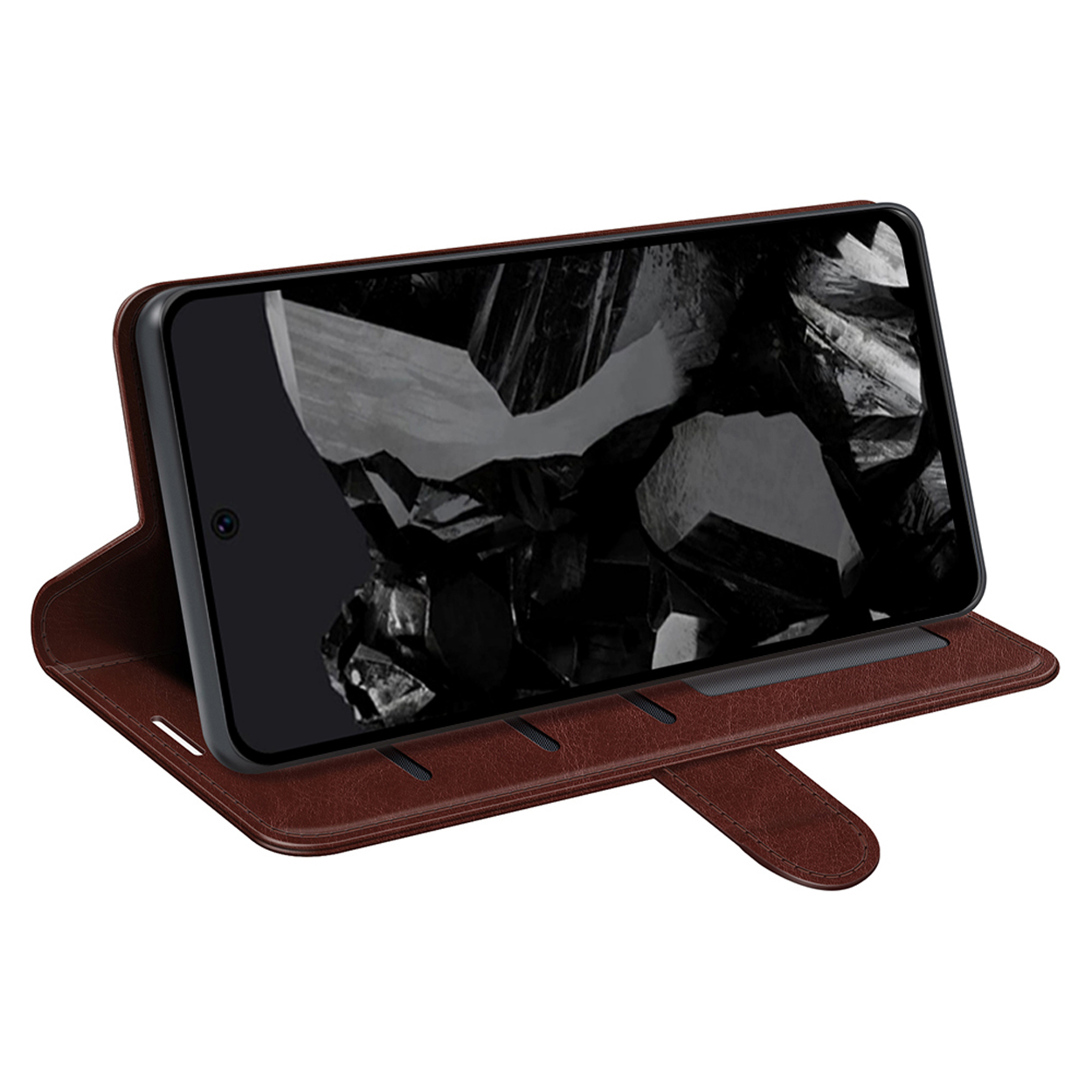 Bruine telefoonhoes open, met een telefoon met een donkere achtergrond.