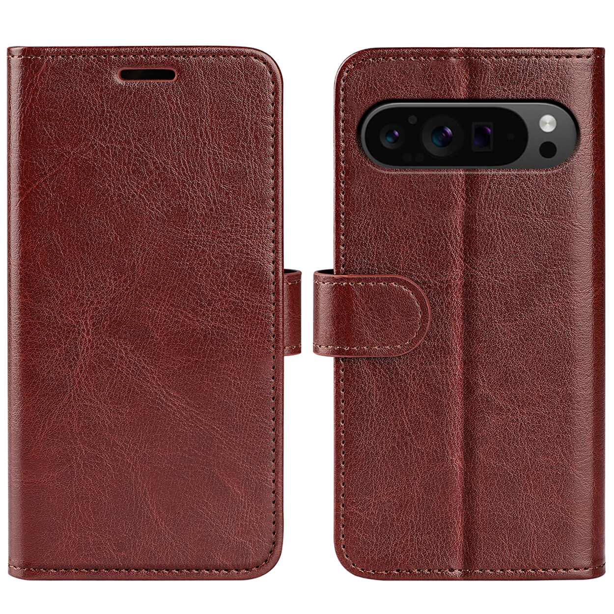 Bruine leren telefoonhoes, open, de telefoon tonend, magnetische sluiting zichtbaar.