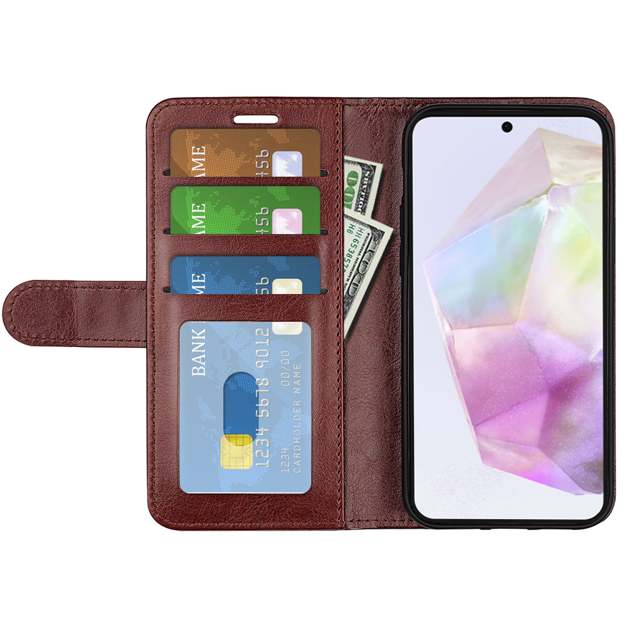 Bruine leren telefoonhoes open, met telefoon, kaarten en geld erin.