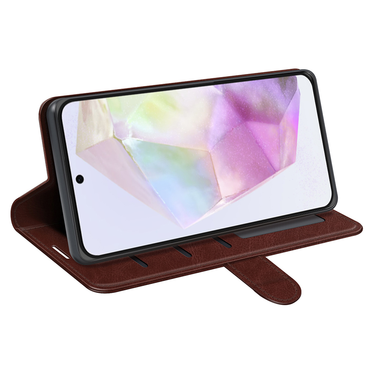Bruine telefoonhoes open, telefoon rechts. Het scherm toont een geometrisch ontwerp.