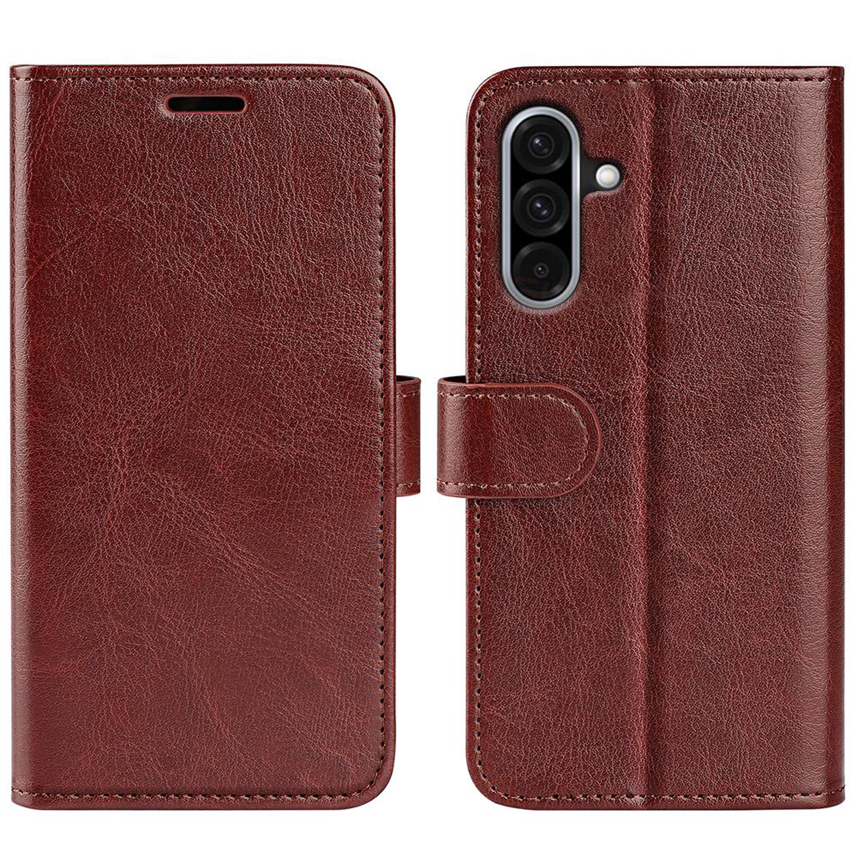 Bruine telefoonhoes, open en dicht, toont de binnen- en buitenkant.