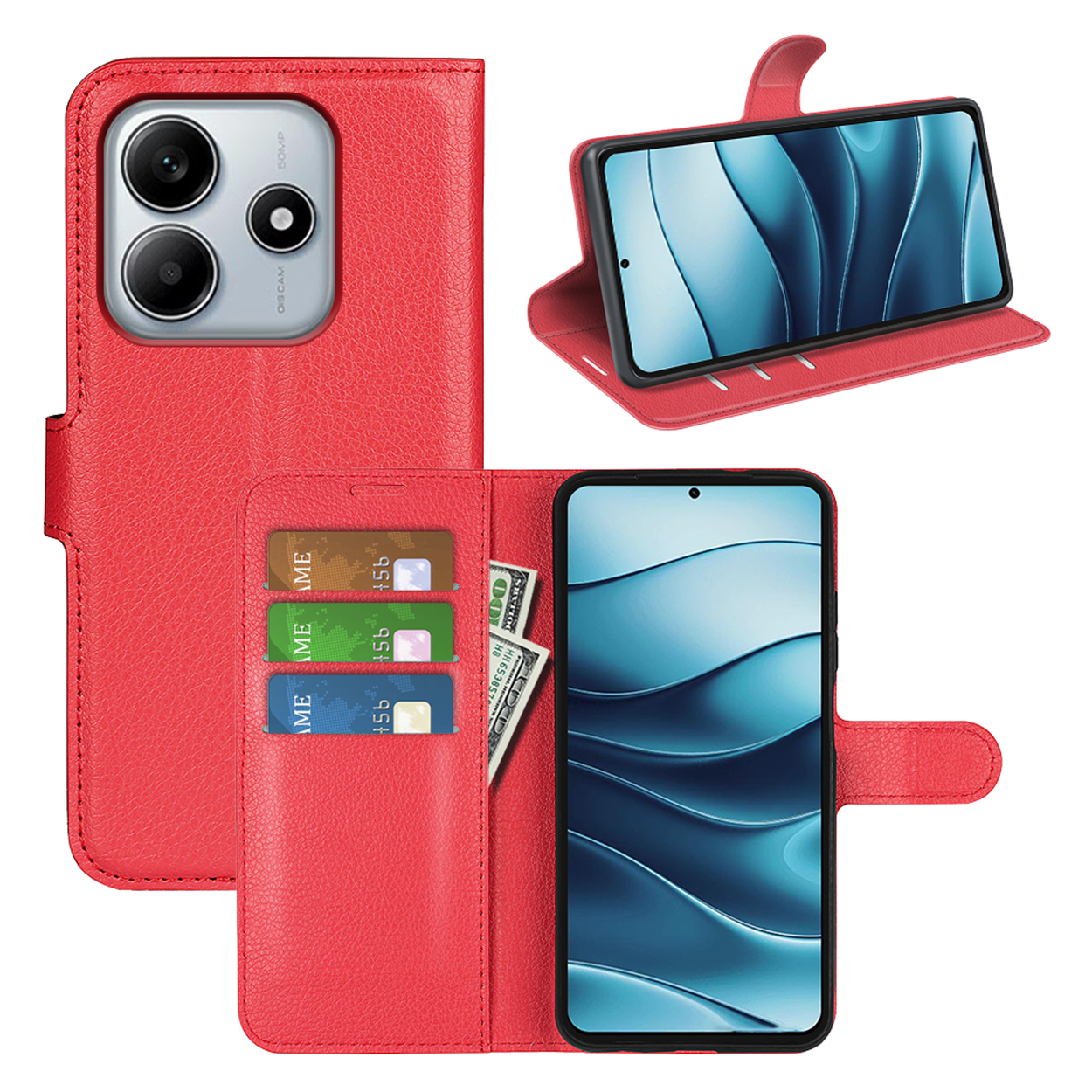 Rode leren telefoonhoes met telefoon, kaarten en geld erin. Witte achtergrond.