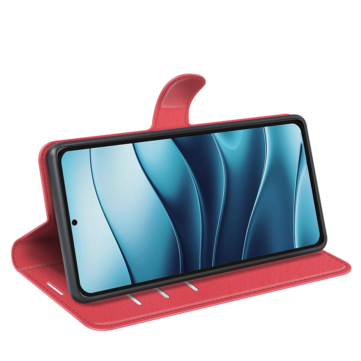 Rode leren telefoonhoes met een telefoon erin. Witte achtergrond.