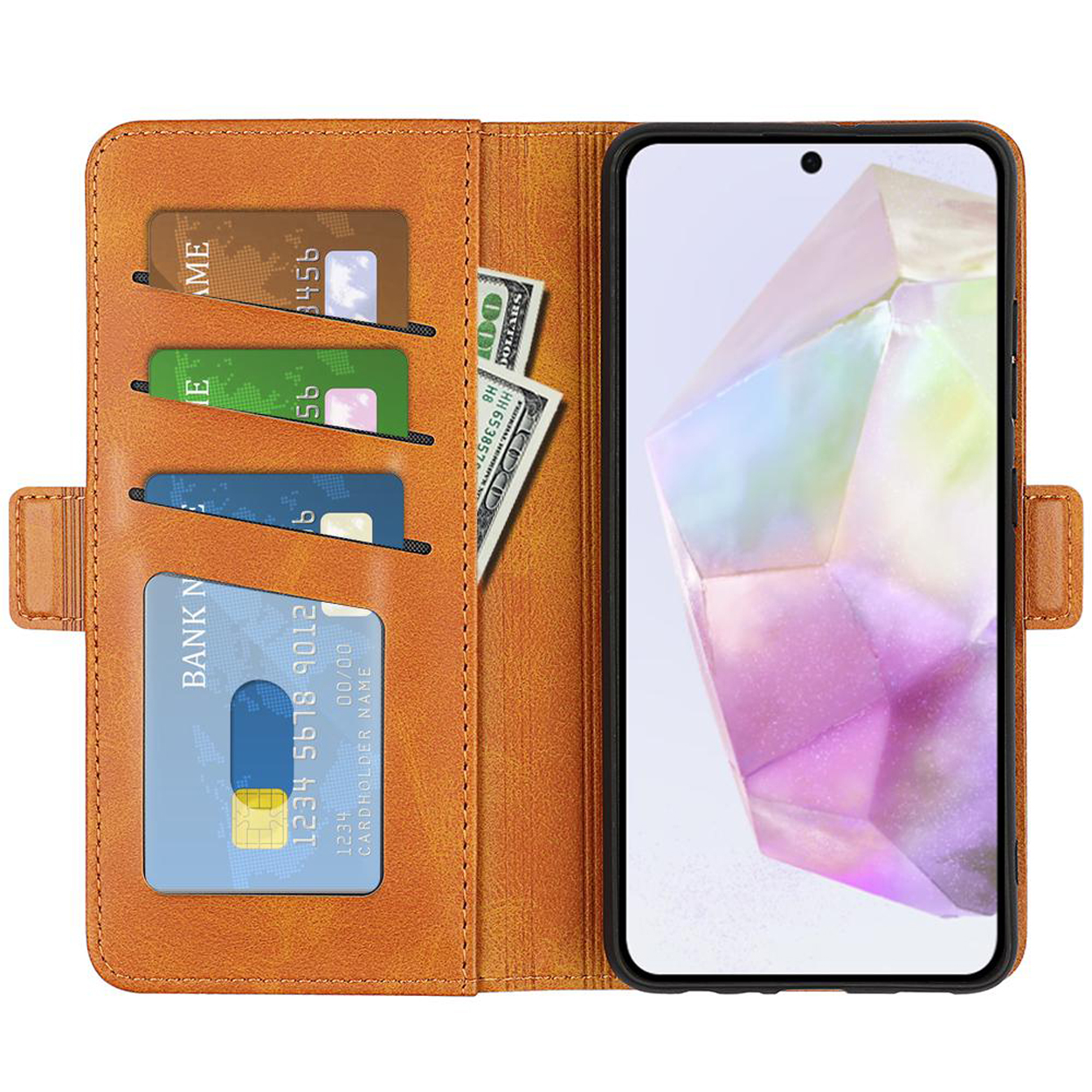 Oranje leren telefoonhoes open, met telefoon, kaarten en geld zichtbaar.