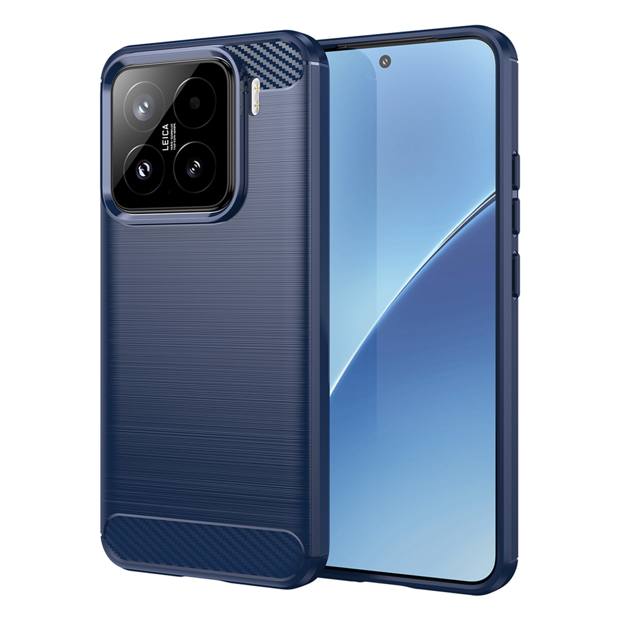 Blauwe telefoonhoes met camera-uitsparing en een textuuroppervlak.
