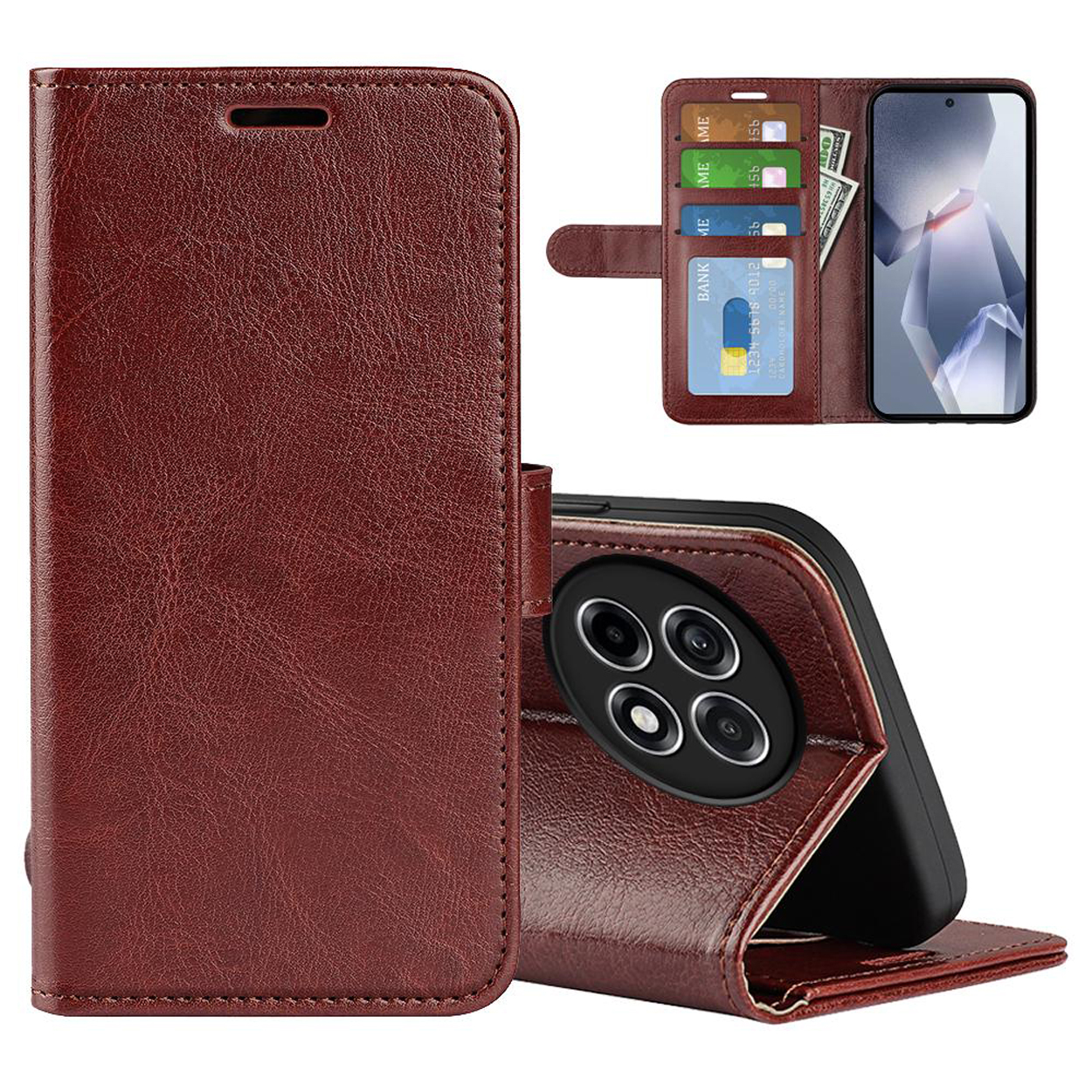 Bruine leren telefoonhoes met telefoon, kaarten en geld erin. Witte achtergrond.