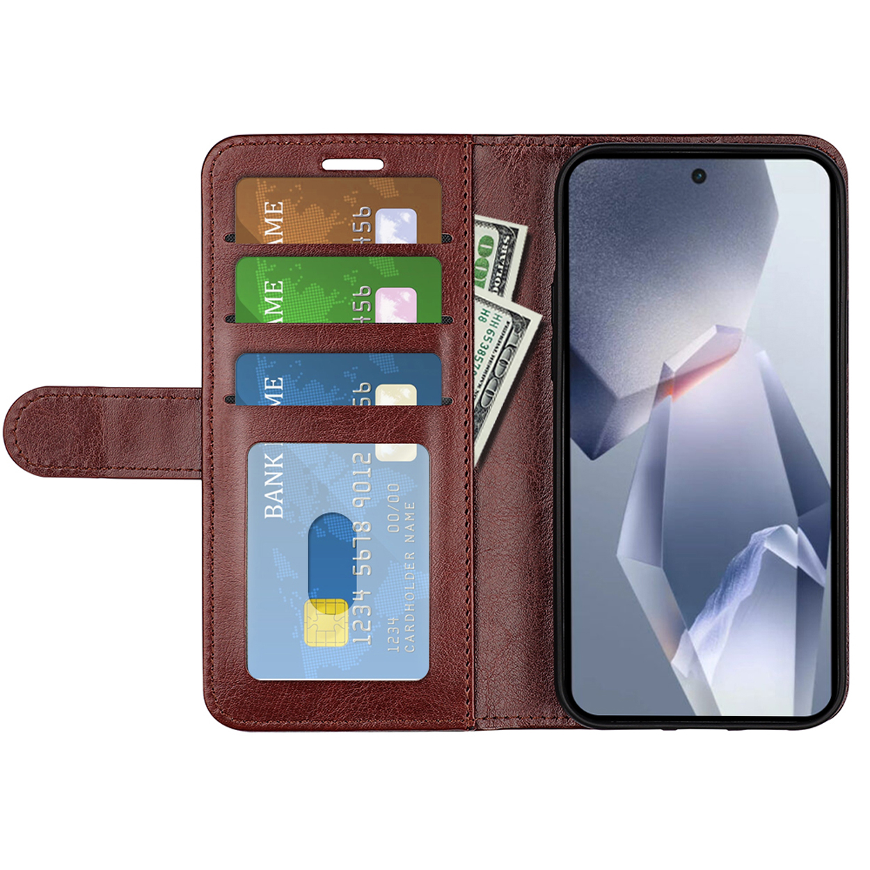 Bruine leren telefoonhoes met kaarten en een telefoon erin. Geld is zichtbaar.