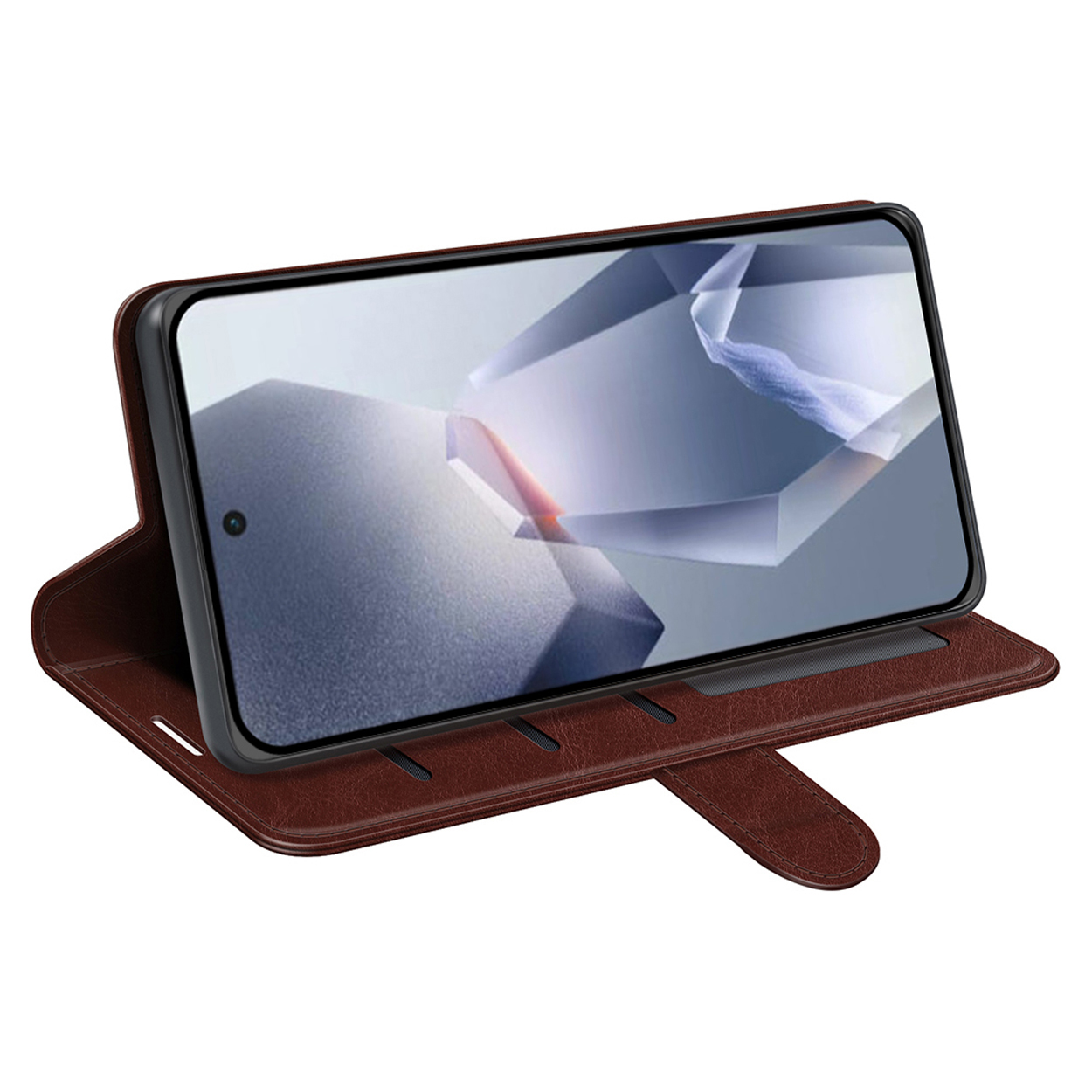 Bruine leren telefoonhoes met telefoon erin. Open en gesloten weergaven worden getoond. Witte achtergrond.