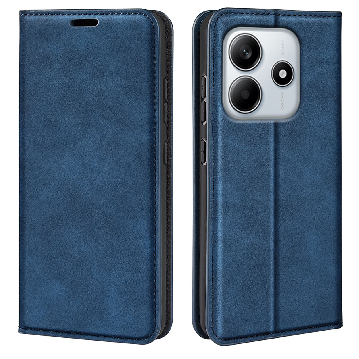 Blauwe leren telefoonhoes, gesloten en open, met de telefoon erin.
