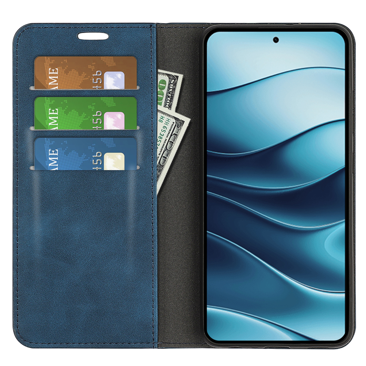 Blauwe telefoonhoes open met telefoon erin. Creditcards en geld zitten in de hoes.