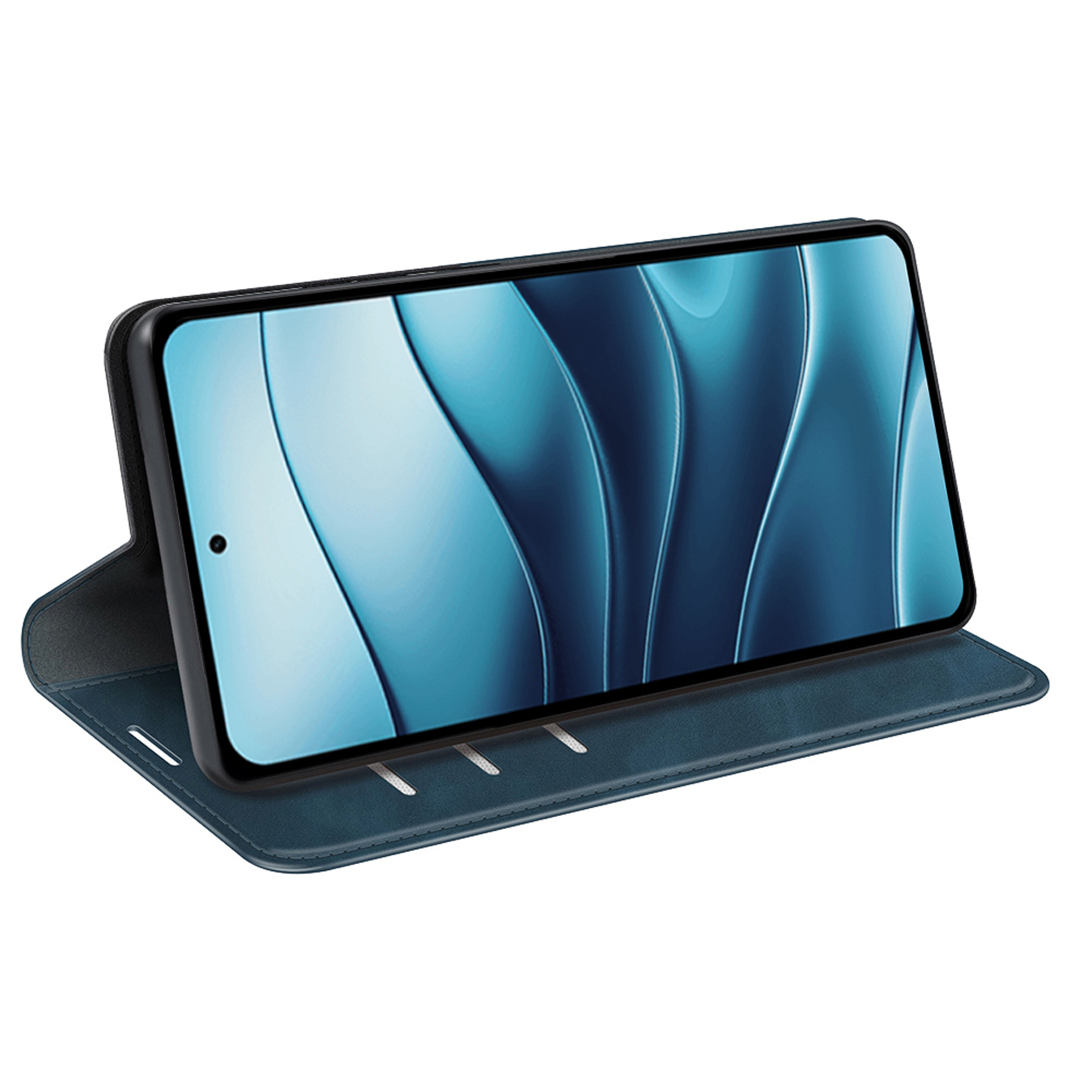 Blauwe telefoonhoes met de telefoon erin, omhooggeklapt. Het scherm toont een blauw patroon.