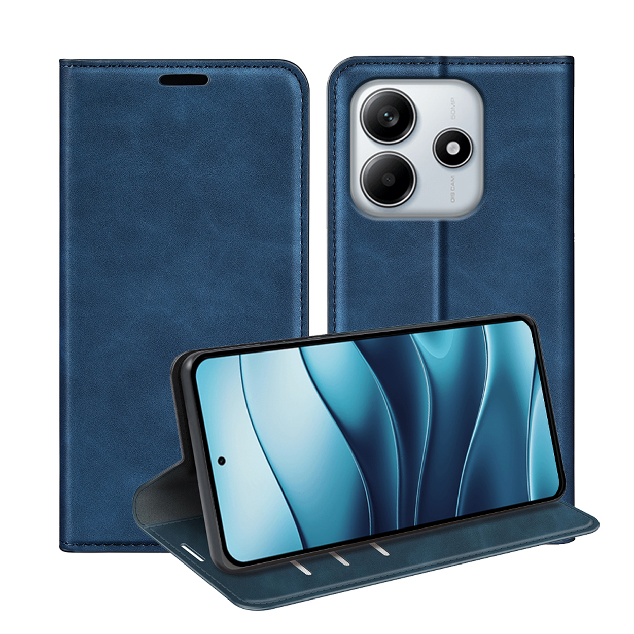 Blauwe telefoonhoes met een telefoon erin, open en toont een scherm. Achterkant zichtbaar.