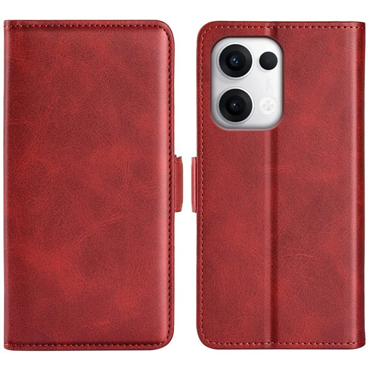 Étui de téléphone en cuir rouge, fermé et ouvert, avec téléphone à l'intérieur, montrant la caméra.