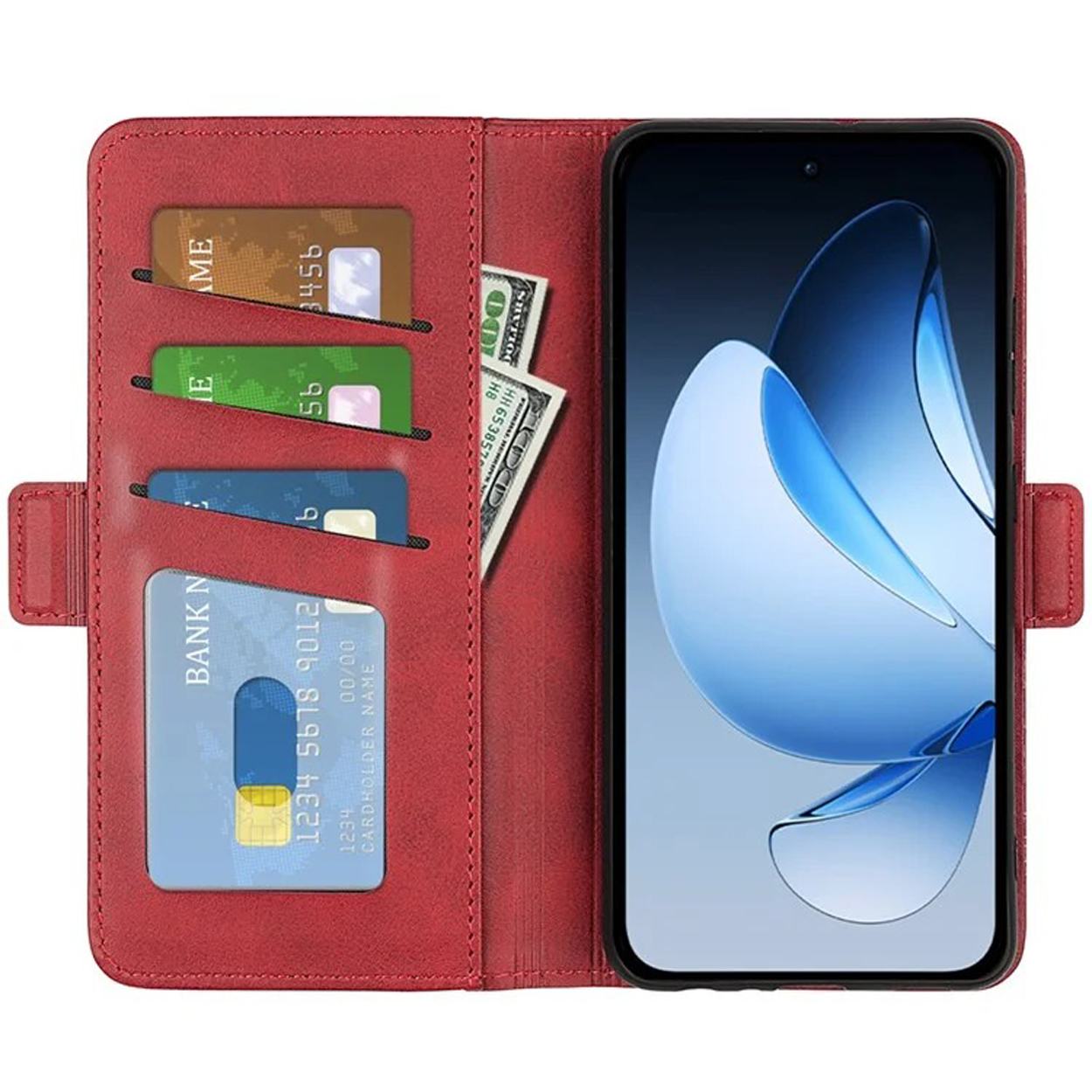 Étui de téléphone rouge, ouvert, avec cartes, argent et téléphone. L'écran est visible.