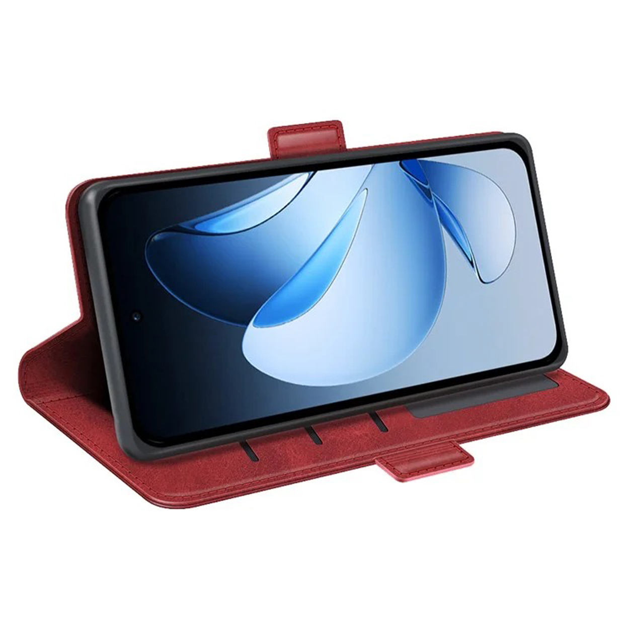 Étui de téléphone rouge avec téléphone à l'intérieur, surélevé. L'écran est visible. L'étui est ouvert.