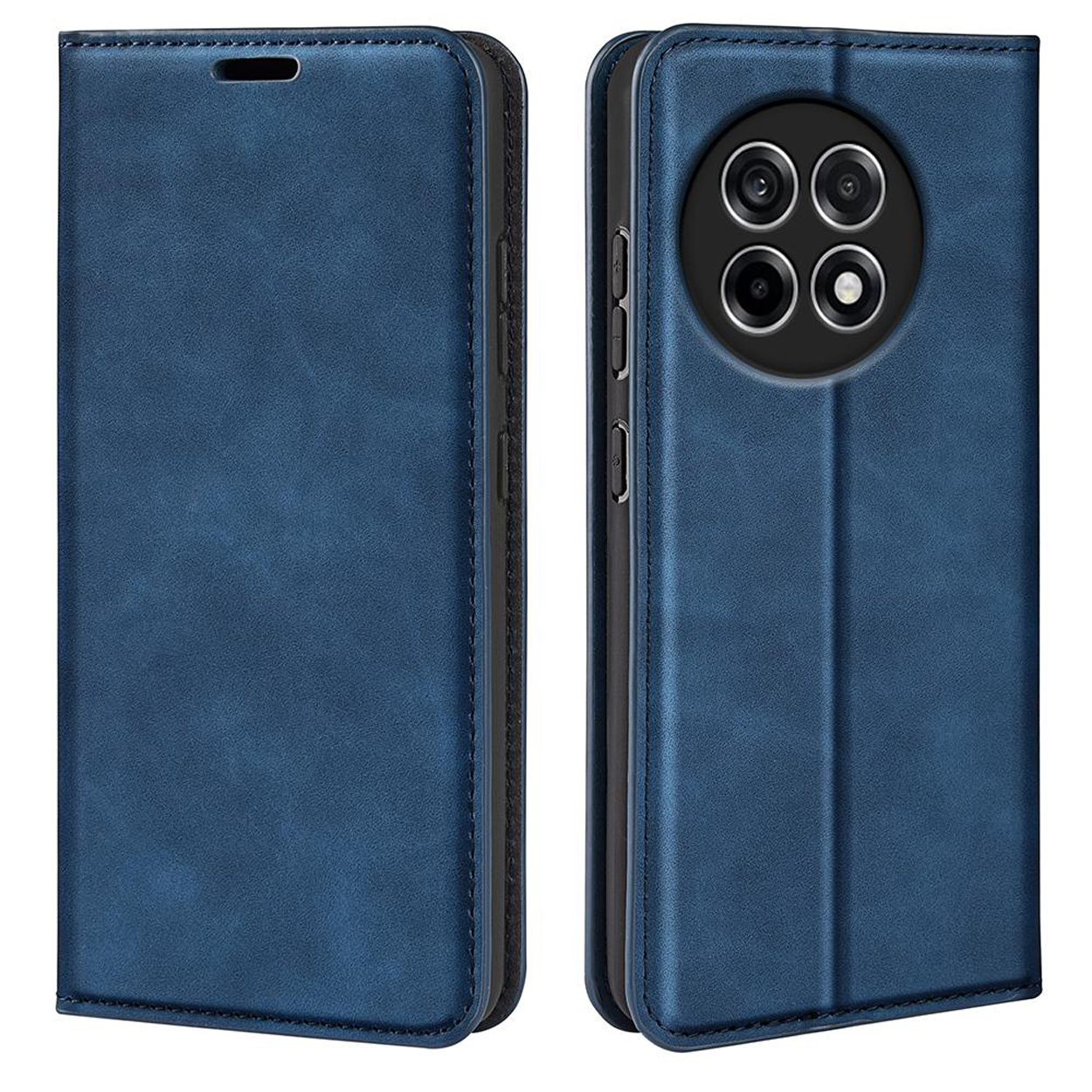 Blauwe leren telefoonhoes, voor- en achteraanzicht. Voorkant gesloten, achterkant met camera-uitsparingen.