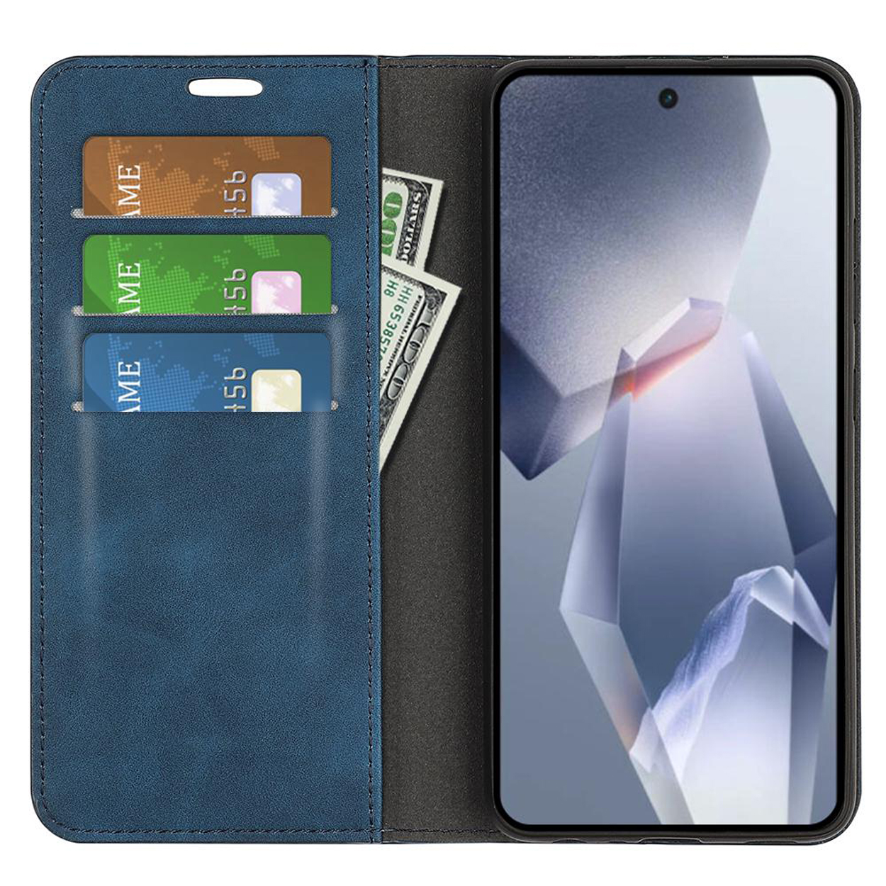 Blauwe leren telefoonhoes met kaarten, geld en een telefoon met een bergbeeld.