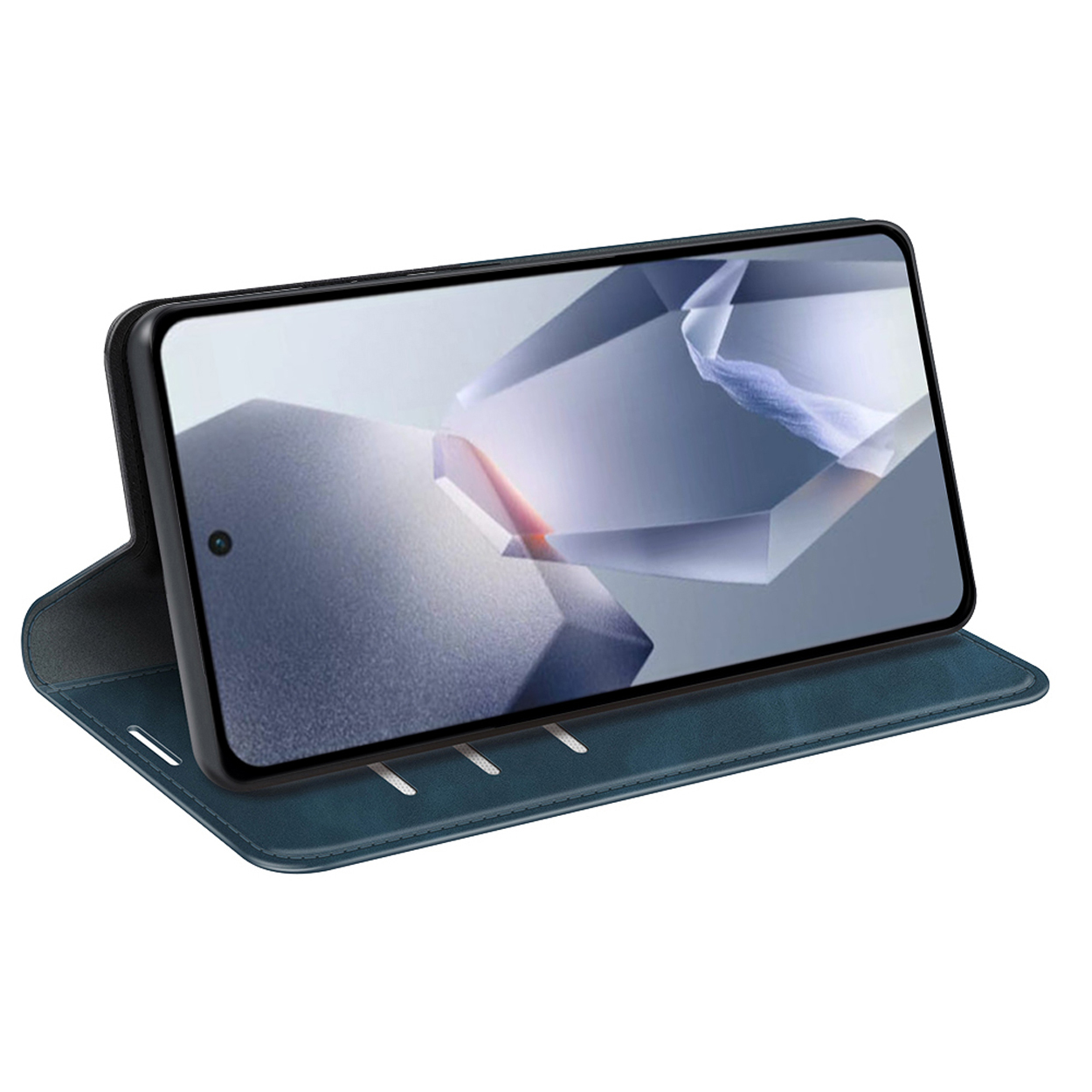Blauwe telefoonhoes, open, met een telefoon met een scherm met een abstracte afbeelding.