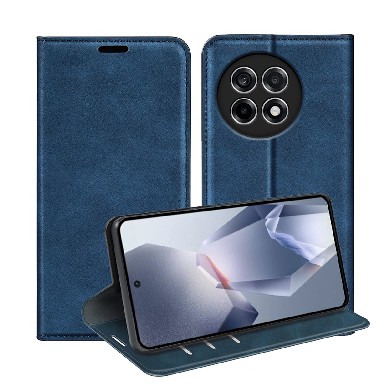 Blauwe telefoonhoes, open met telefoon erin, en gesloten. Telefoon heeft een abstracte afbeelding. Witte achtergrond.